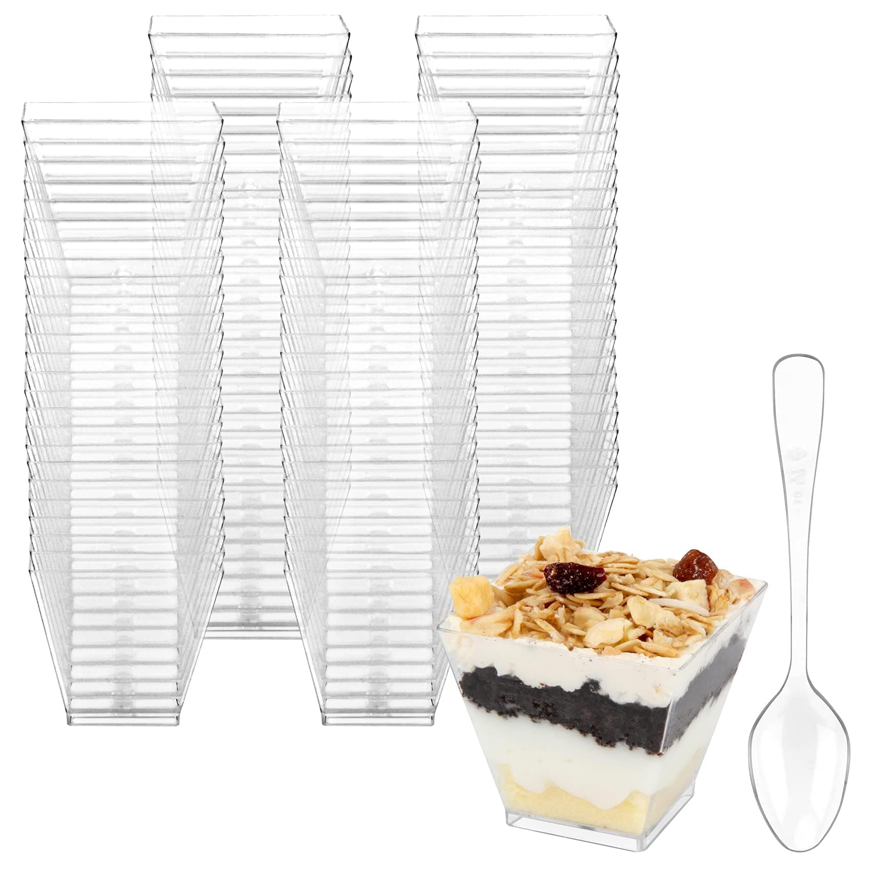 Mini Dessert Cups, 100 CT 2oz Clear Plastic Parfait Appetizer Cups with Spoons Mini Square Dessert Bowls for Serving, Tasting (100)