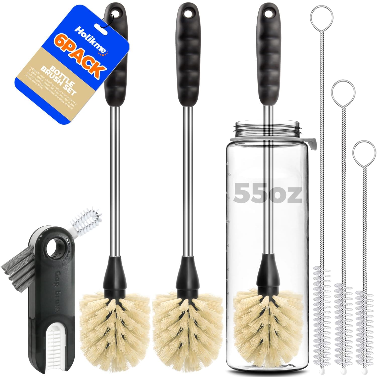 Holikme 6 Pack Bottle Brush Set, 14" Long Handle Stainless Steel Bottle Cleaner Brush, 3 Straw Brushes, 3-in-1 Bottle Cleaning Brush for Water Bottle, Baby Bottle, Straws Yellow