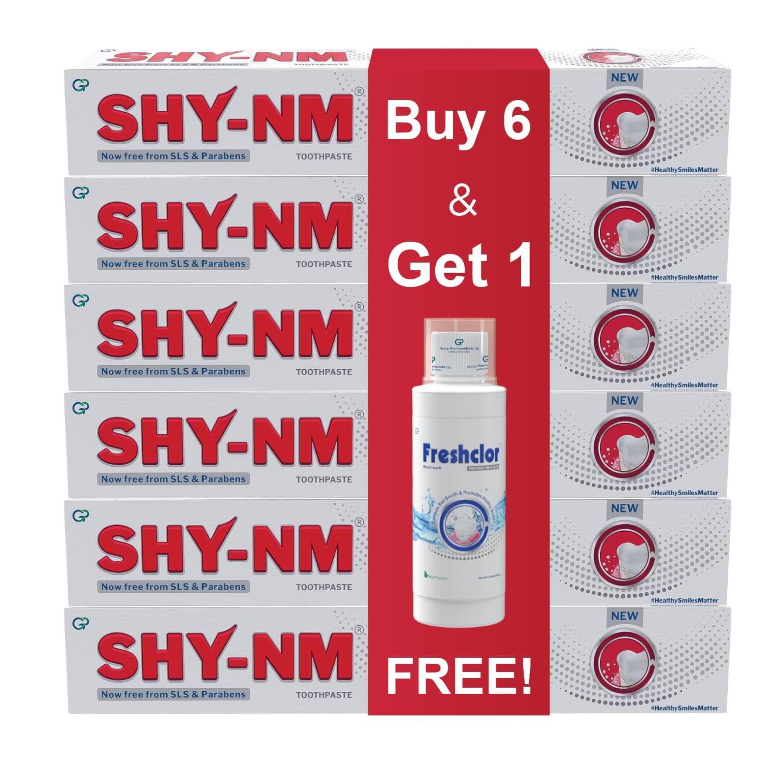 SHY-NM Toothpaste for Sensitivity (100g x 6) | Plus 1 free Freshclor Mouthwash (200ml) | SLS free, Parabens free and Vegan friendly (Pack of 6 +1)