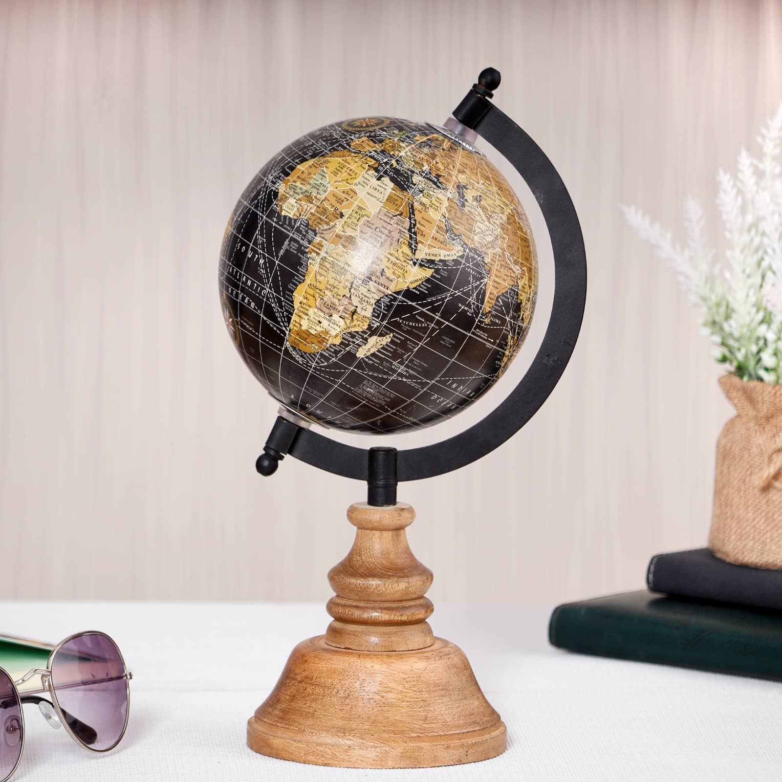 Globe Educational Rotating Globe 5 Inch With Wooden Base & Metallic Arc Globe Color Brown & Black Pack of 1