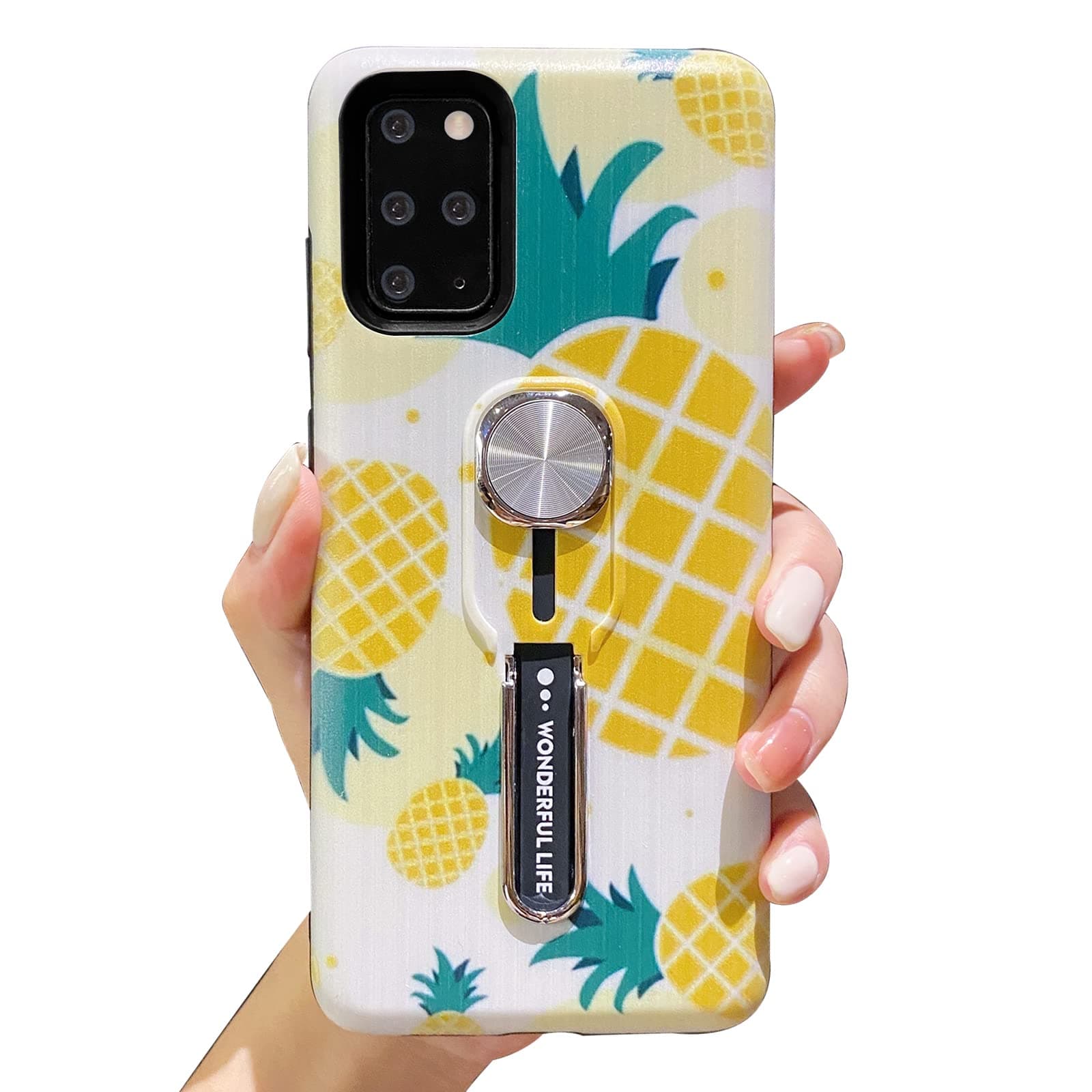 Samsung Galaxy S20 Plus 5G Stand Case,Cute Pineapple 3D Embossed Design Holder Phone Case with Finger Grip Strap Rugged Shockproof Dual Layer Protective Kickstand Cover for Galaxy S20+ 5G