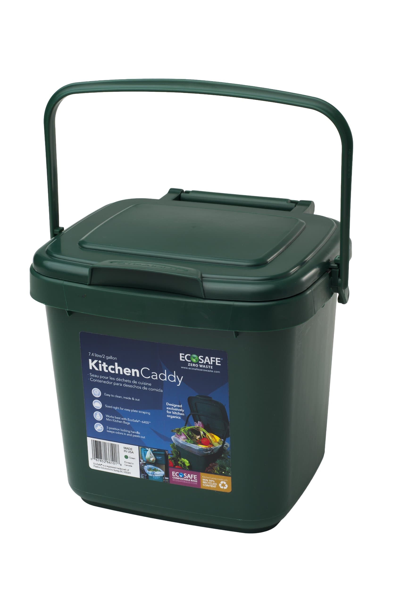 EcoSafe KCGRN Kitchen Caddy Food Waste Bin, Plastic, 2.5 Gallon, Green