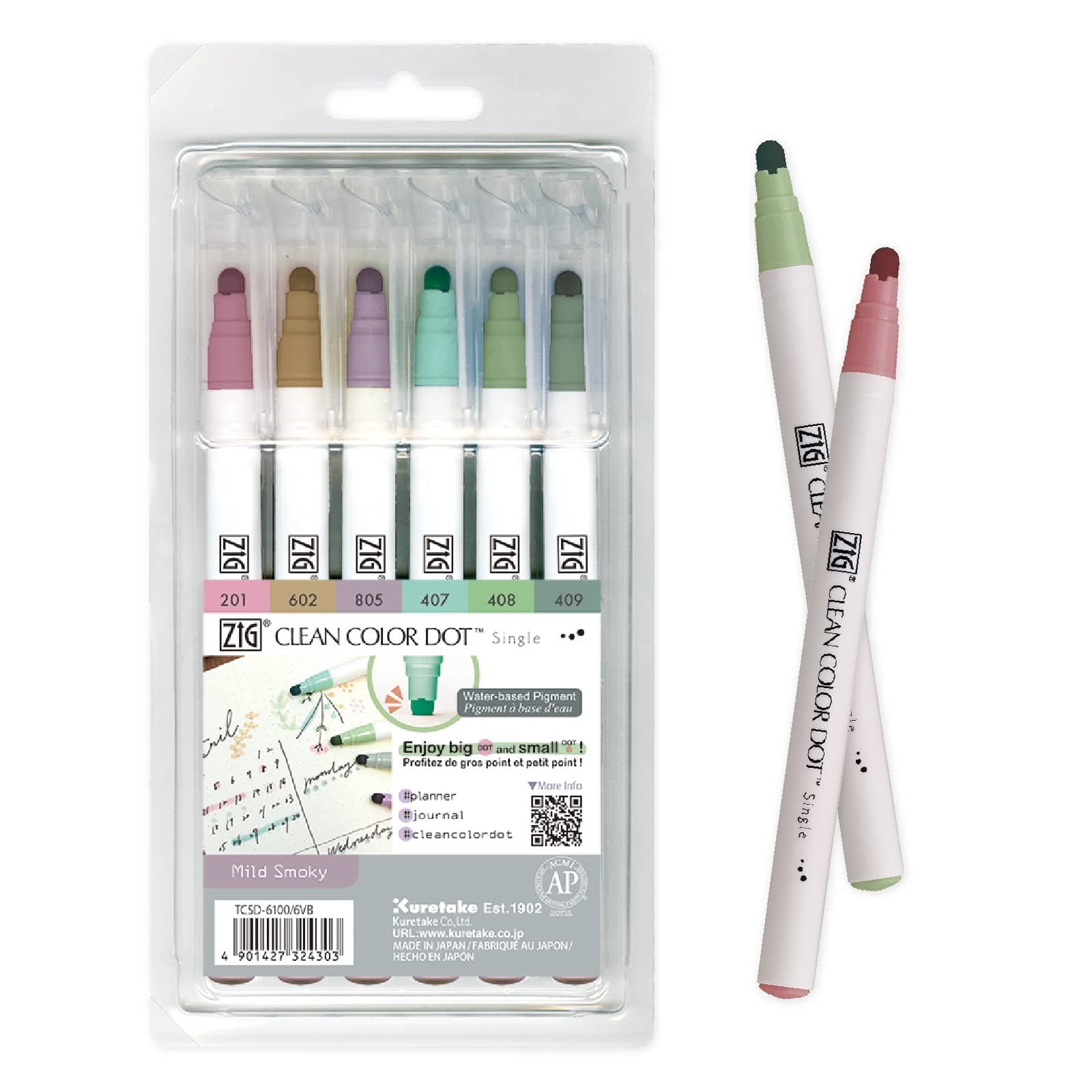 Kuretake ZIG CLEAN COLOR DOT Marker Pens Single 6 MILD SMOKY Colors Set, AP-Certified, Ideal for marking in planners or bullet journals, Photo-Safe, Acid Free, Lightfast, Xylene Free, Made in Japan