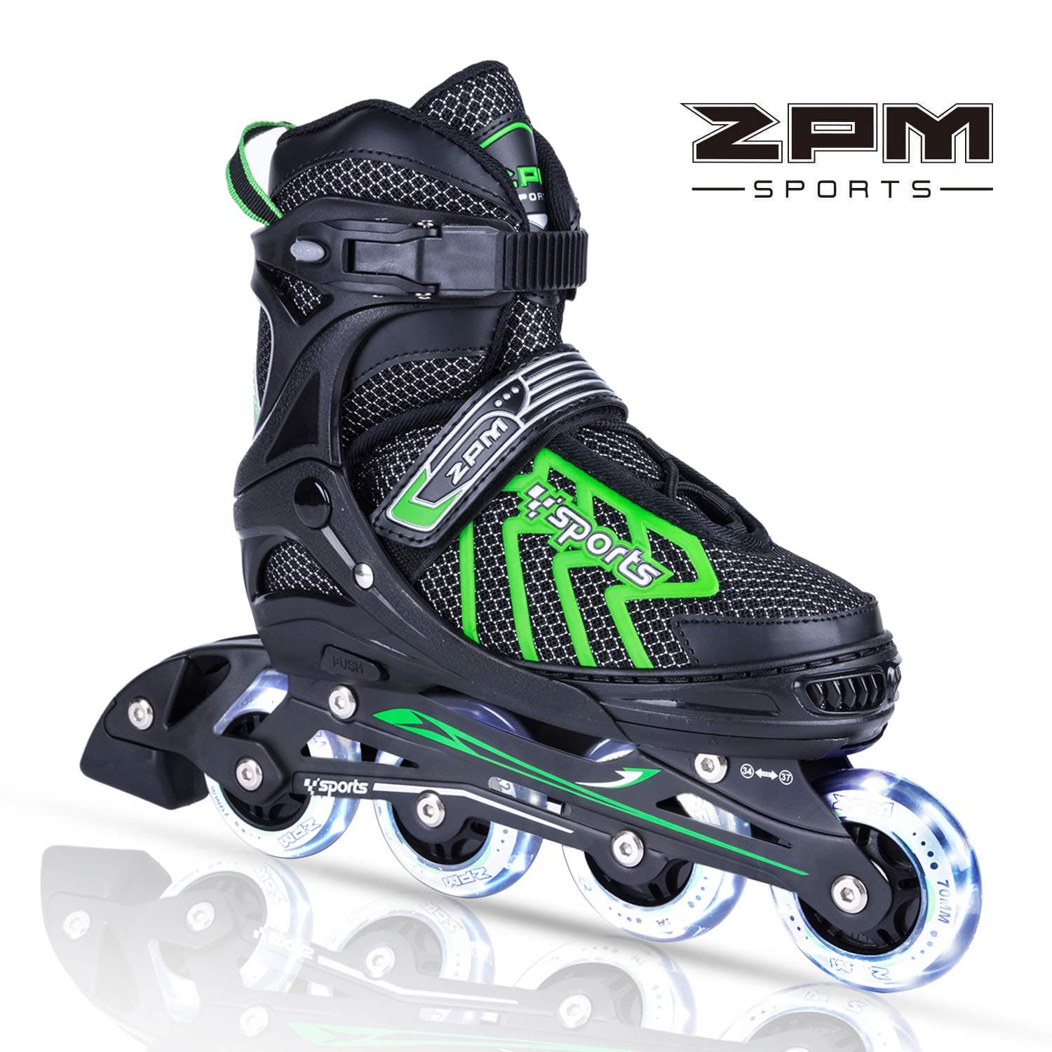 2PM SPORTS Adjustable Light up Inline Skates, Stylish Design Beginner Roller Skates for Boys and Girls (Green, Small - Little Kids(11-1UK))