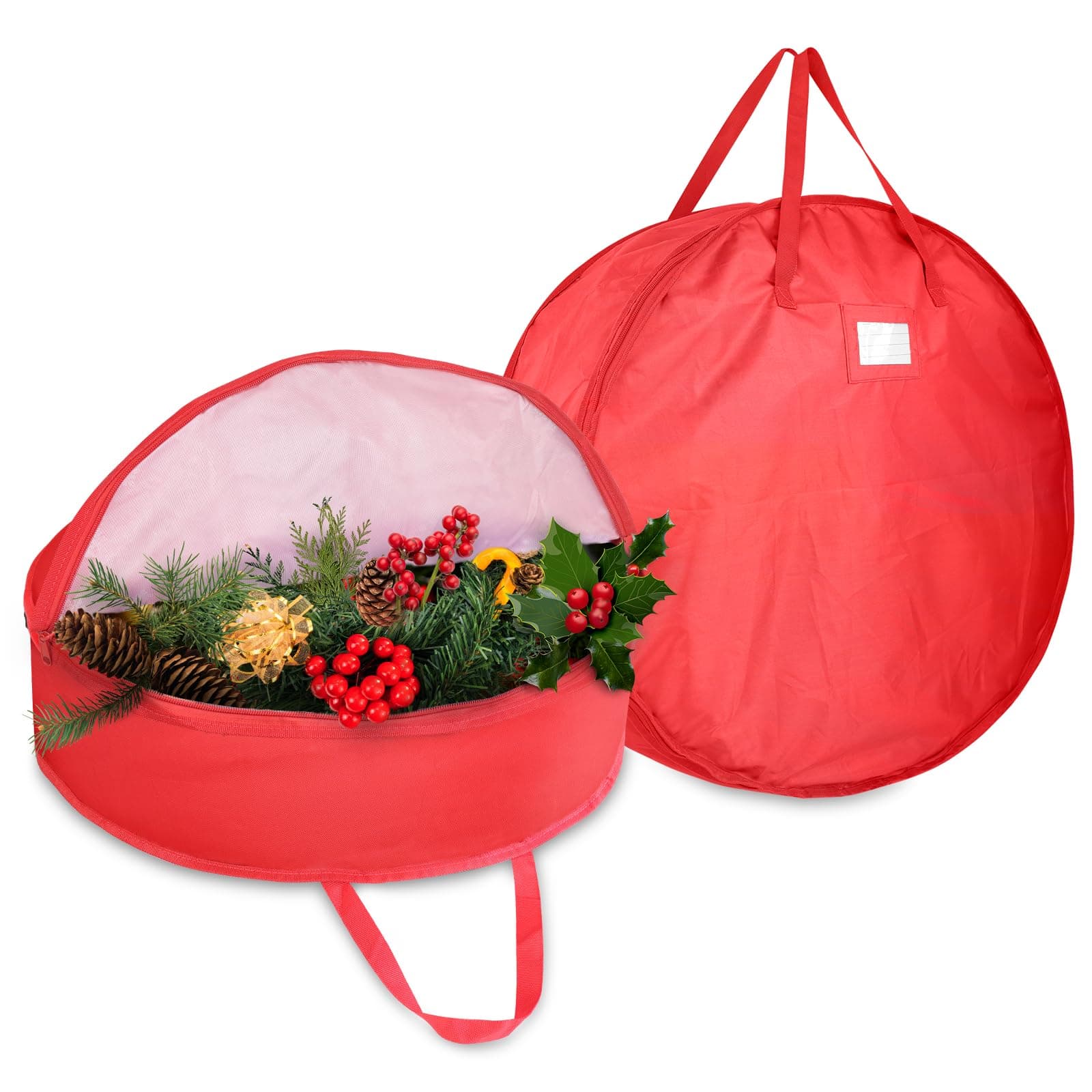 Demao Christmas Wreath Storage Bag - 2 Pack - Durable Container for Artificial Garland Holiday Xmas Wreaths Holder with Sturdy Handles - Card Slot Dual Zipper - 420D Oxford Material - 30 Inch, Red