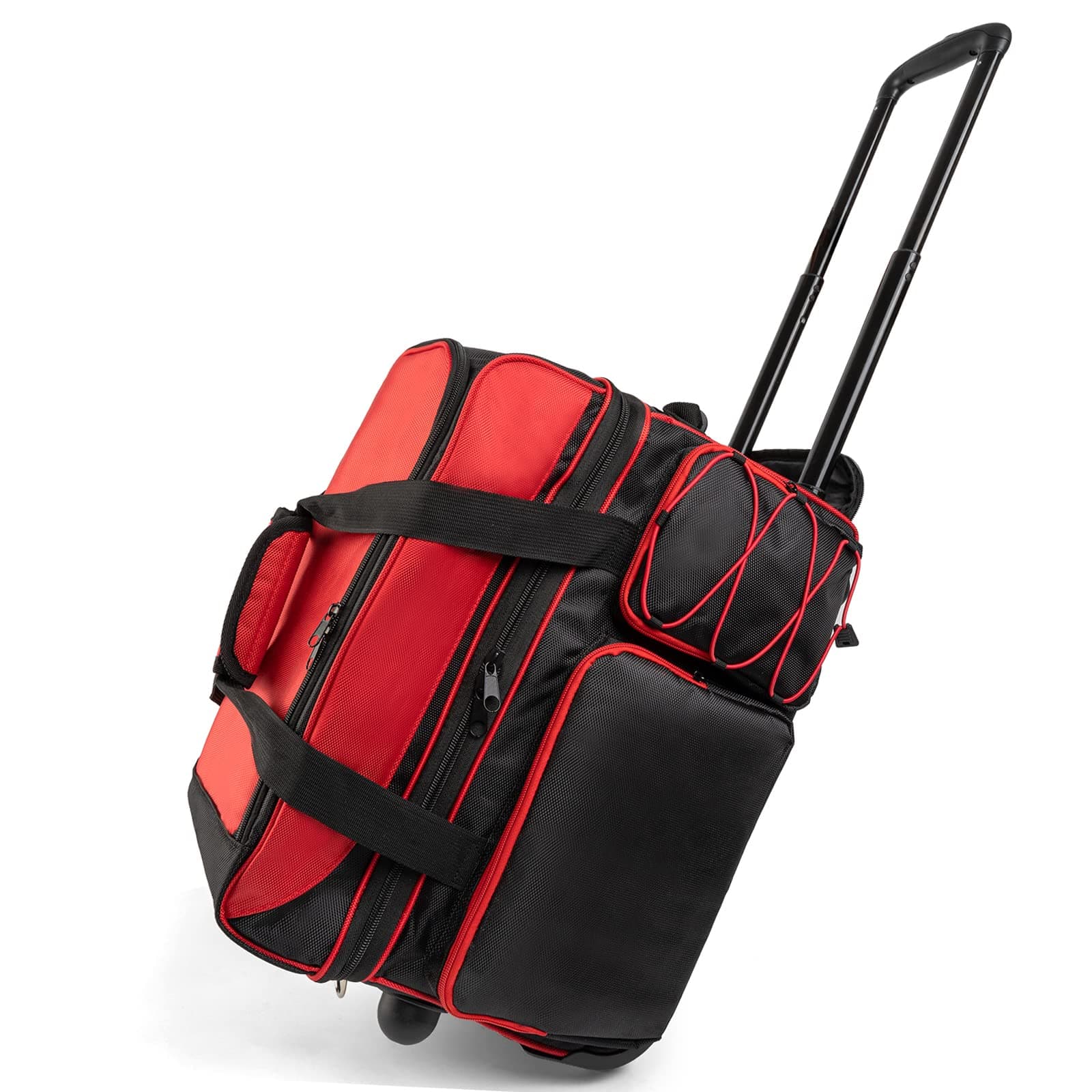 2 Ball Bowling Bag With Wheels, Large Capacity Double Bowling Ball Bag With Separate Shoe Compartment, Multi-Pockets Bowling Bag 2 Ball Roller With Extendable Retractable Handle To 42"