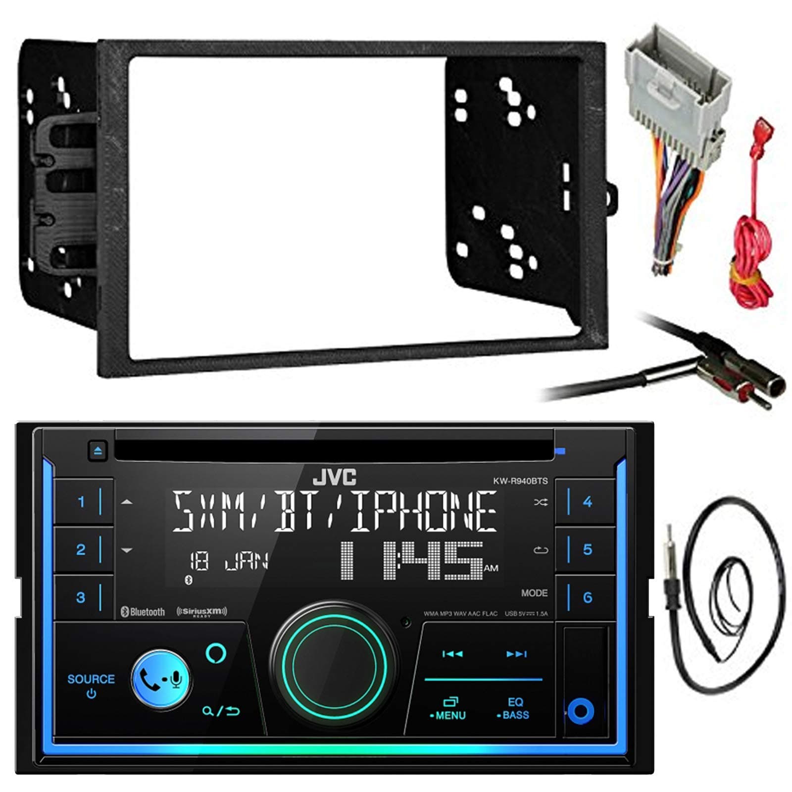 Double DIN Bluetooth Car Stereo Receiver CD Player Bundle Combo With Metra installation kit for car stereo (Compatible with Most GM Vehicles) + Wire Harness + Enrock 22" Radio Antenna With Adapter