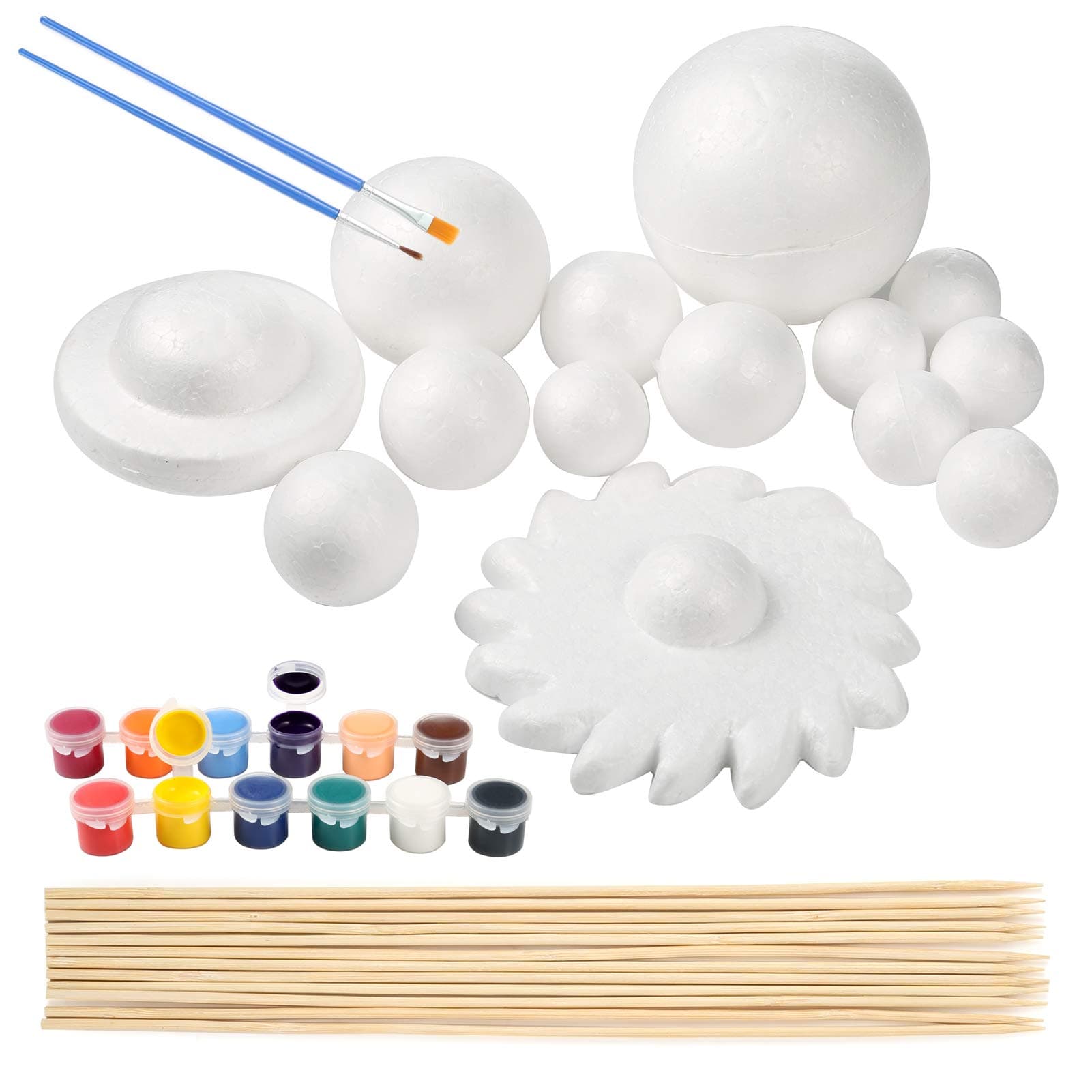 Pllieay Solar System Model Foam Ball Kit Includes 14PCS Mixed Sized Polystyrene Spheres Balls, 12PCS Bamboo Sticks, 12 Color Pigments, 2PCS Painting Brushes for School Science Projects