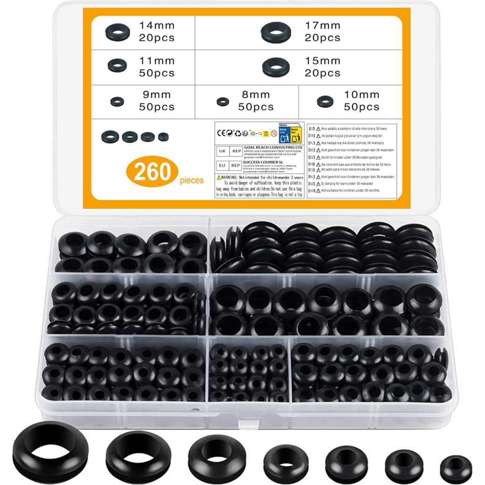 260 Pcs Rubber Grommets Kits, 7 Assorted Sizes Black Electrical Cable Holes Conductor Wiring Blanking Gasket Ring Grommets Assortment Kit for Protecting Wires, Plugs, Cables Holes (black)