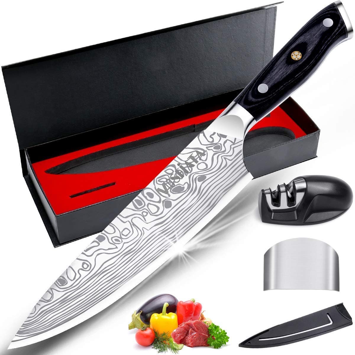 MOSFiATA Ultra Sharp Kitchen Chef Knife 8 inch, Premier High Carbon German EN1. 4116 Stainless Steel, Full Tang Blade Pro Chopping Cooking Knife with Sharpener Finger Blade Guard Gift Box