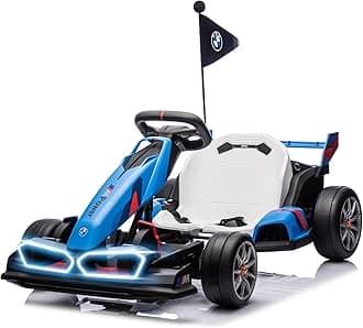JoyWheels 24V 9AH Licensed BMW Electric Go Kart, 7.5 MPH Drift Kart with 400W Motor, Outdoor Driftable Kids Race Pedal Go Karting Car w/Adjustable Seat, Lights, for 6 Years Old, Blue
