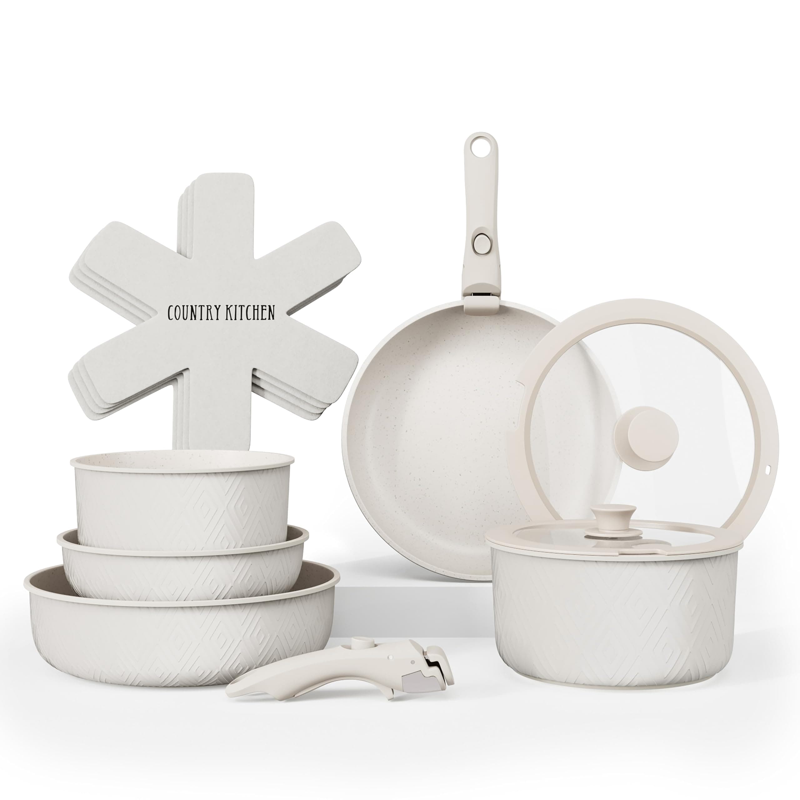 Country Kitchen Cookware Set with Removable Handle, Oven & RV Safe Pots and Pans Set, Cream Rhombus, Original