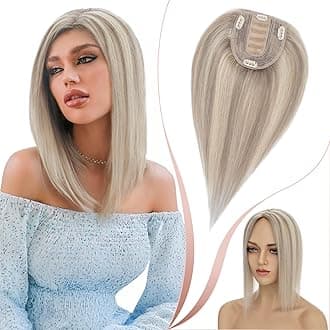 Elailite Clip in Hair Toppers Real Human Hair For Women uk Thinning Hair - Toupee Extensions MIDDLE SILK BASE HairPiece (#18Y/613 Ash Blonde Mix Bleach Blonde, 8 Inch)