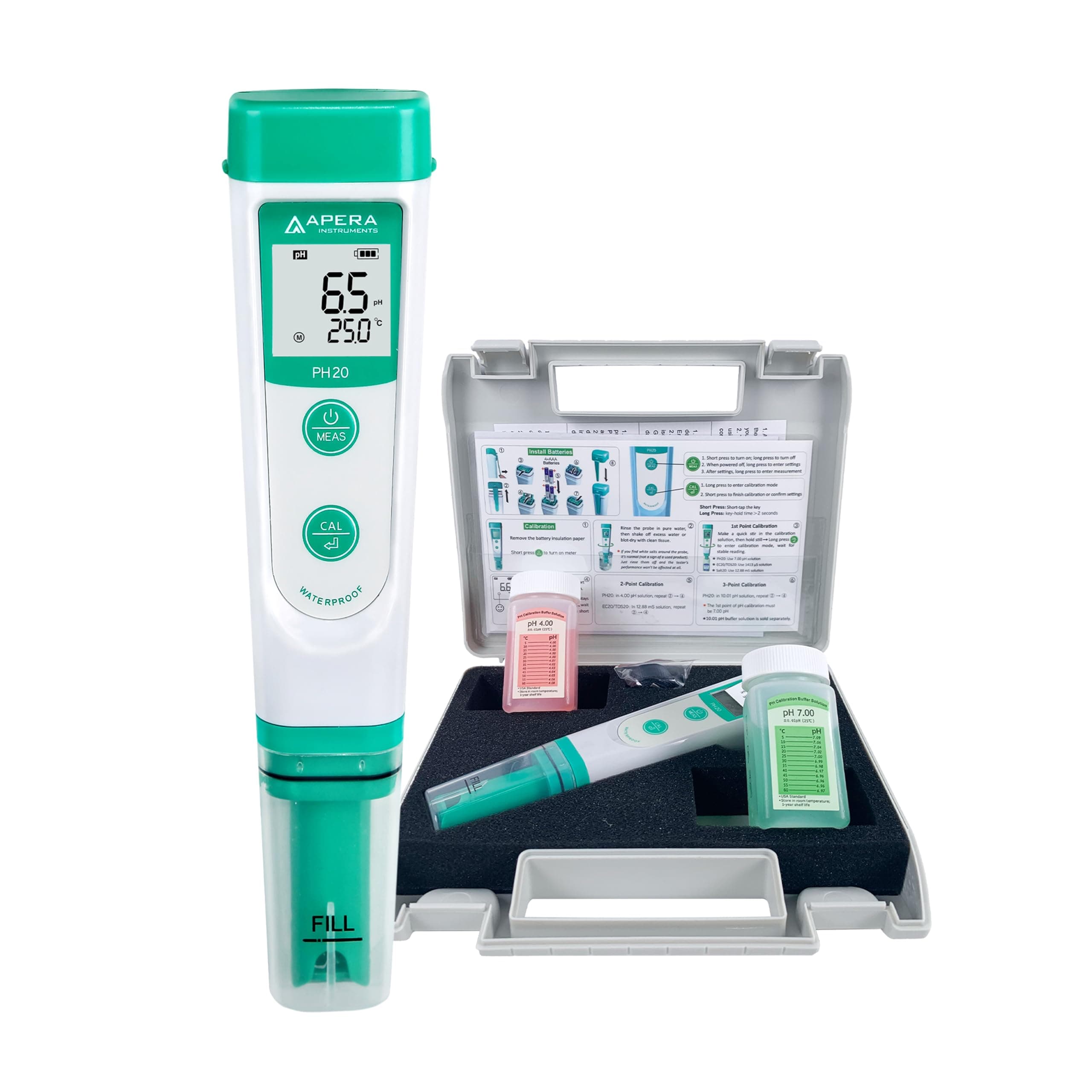 Apera Instruments PH20 Value pH Meter, Pocket Tester, Waterproof, ±0.1 pH Accuracy, 0-14 pH Range, ±0.5°C Temperature Sensor, Complete kit