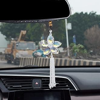 ATMOMOCrystal Flower Car Rear View Mirror Pendant Car Hanging Ornament Lucky Car Charm with Dangle Beads, Transparent