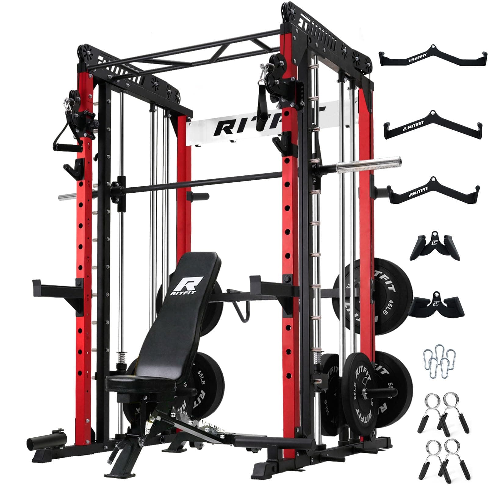 RitFit M1 Pro Smith Machine Package, All-in-One Power Cage with Weight Stack Set, Includes LAT Pulldown & Cable Crossover System for Home Gyme (Red, Package(BP370))