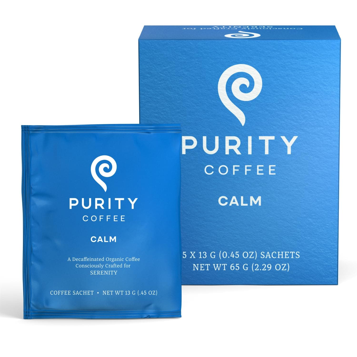 Purity Coffee CALM Decaf Medium Roast Single Serve Sachets (5ct Box) | Specialty-Grade USDA Organic Mountain Water Process Decaffeinated Blend | Third Party Tested for Mold, Mycotoxins & Pesticides