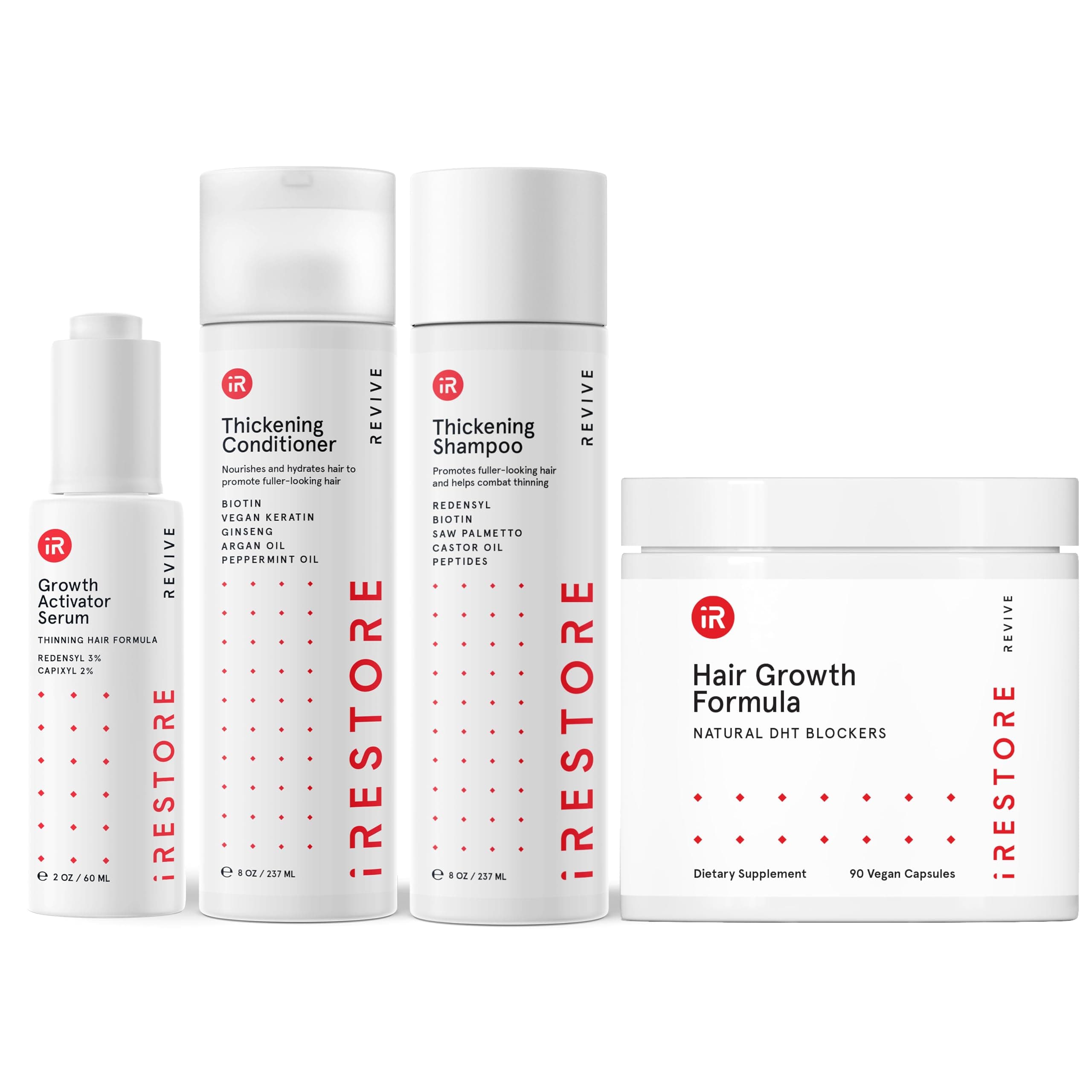 Max Growth Bundle includes our Hair Growth Formula Supplement, Growth Activator Serum, Thickening Shampoo, and Conditioner to Combat Thinning and Promote Growth