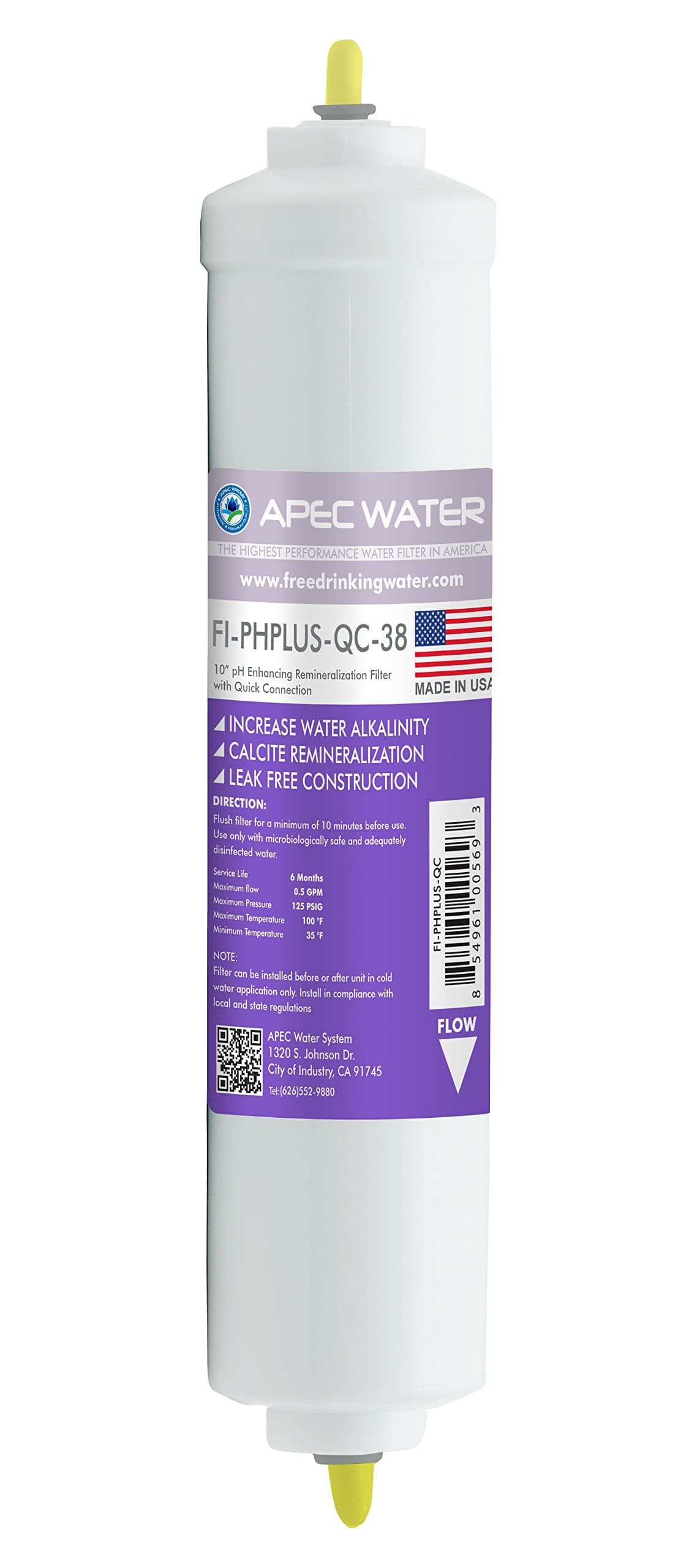 APEC Water Systems FI-PHPLUS-QC-38 US Made 10" Alkaline High Purity pH+ Calcium Carbonate Filter with 3/8" Quick Connect For Reverse Osmosis (For Upgraded 3/8" Output, Replacement Filter Only)