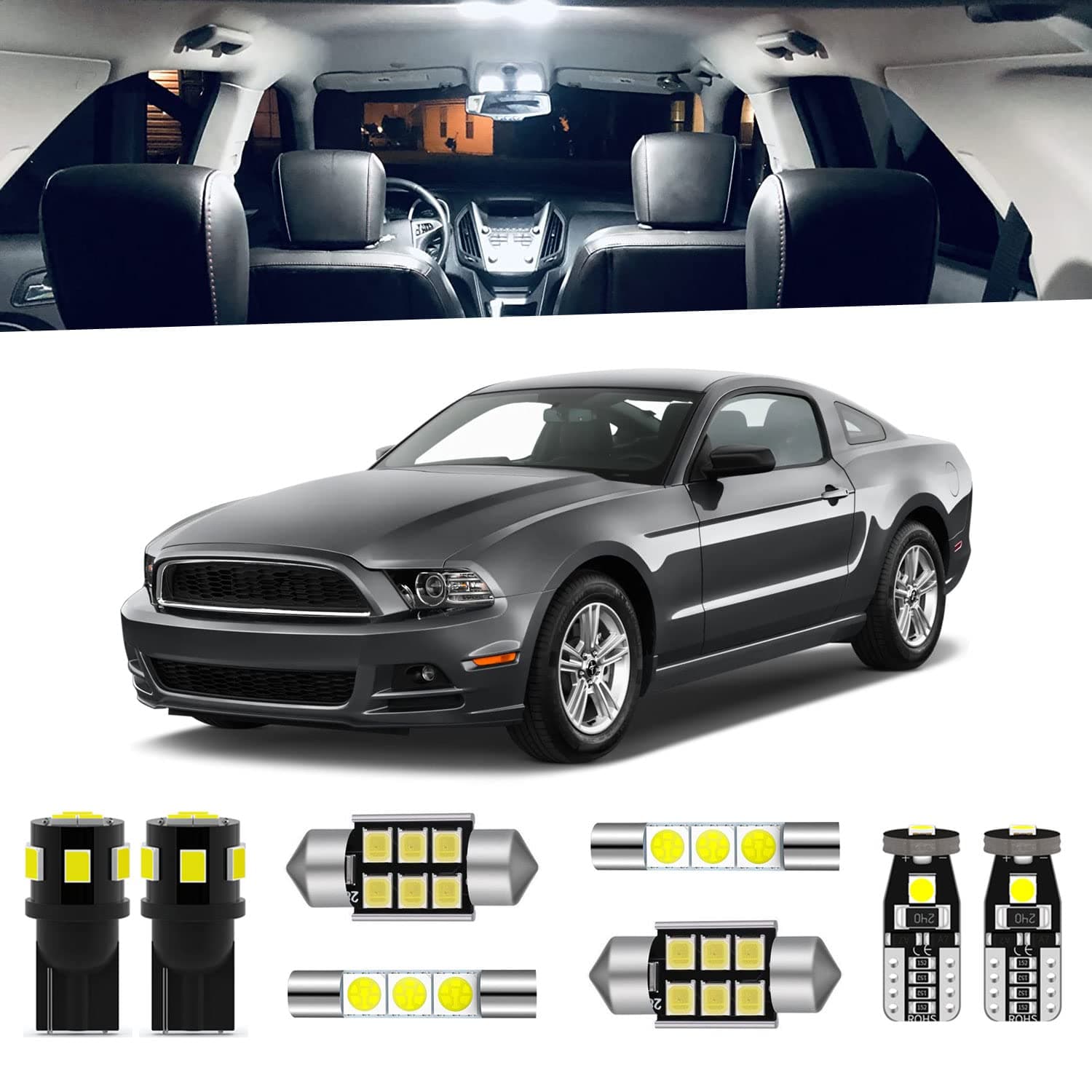 7-Pieces Mustang Interior LED Light Kit Compatible with Ford Mustang 2010 2011 2012 2013 2014 White 6000K Interior Map Vanity Mirror Trunk Package + License Plate Lights, Install Tool
