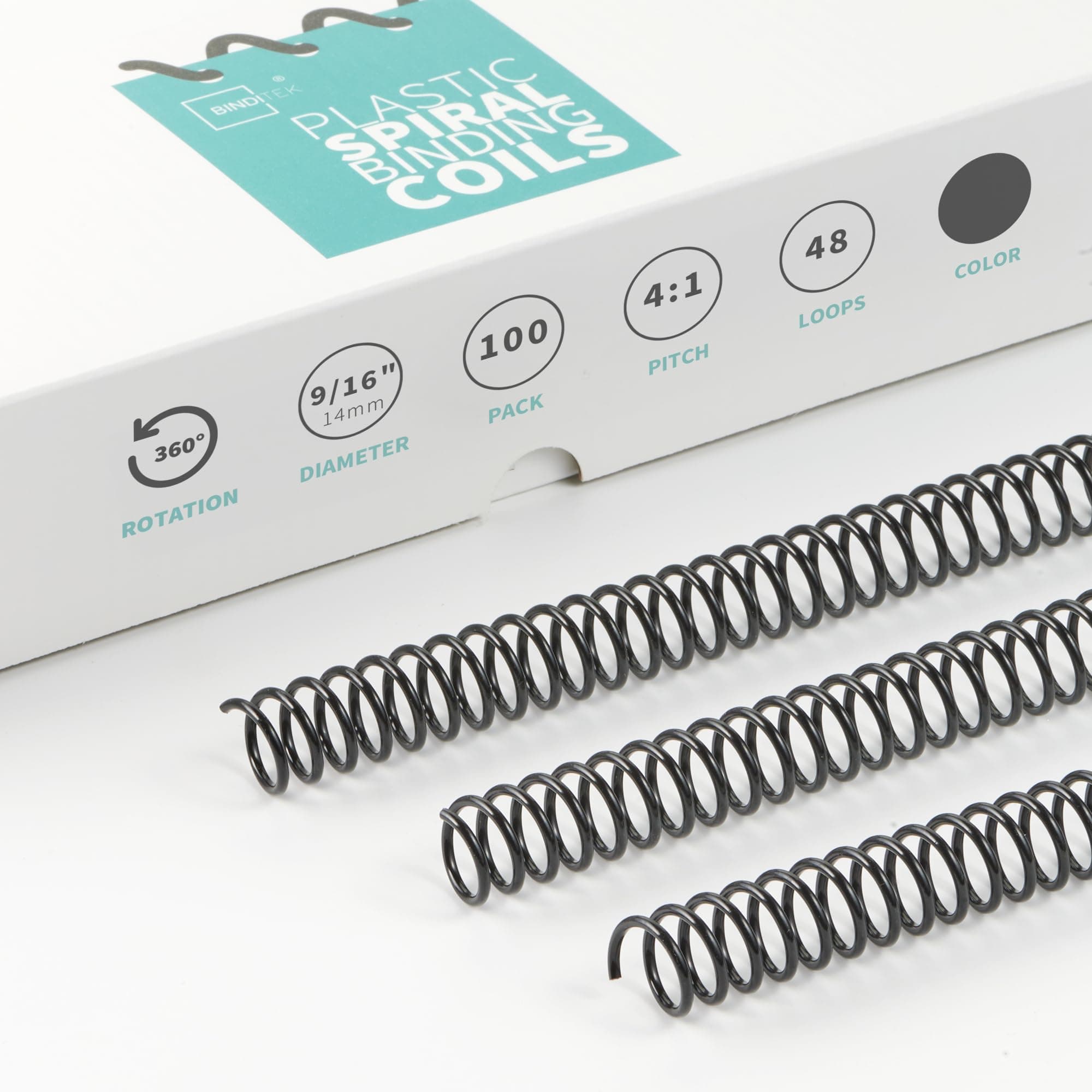 100 Pack Plastic Spiral Binding Coils, 14mm(9/16"), 115 Sheet Capacity, 4:1 Pitch, Black, 48 Loops, for Students and Coworkers