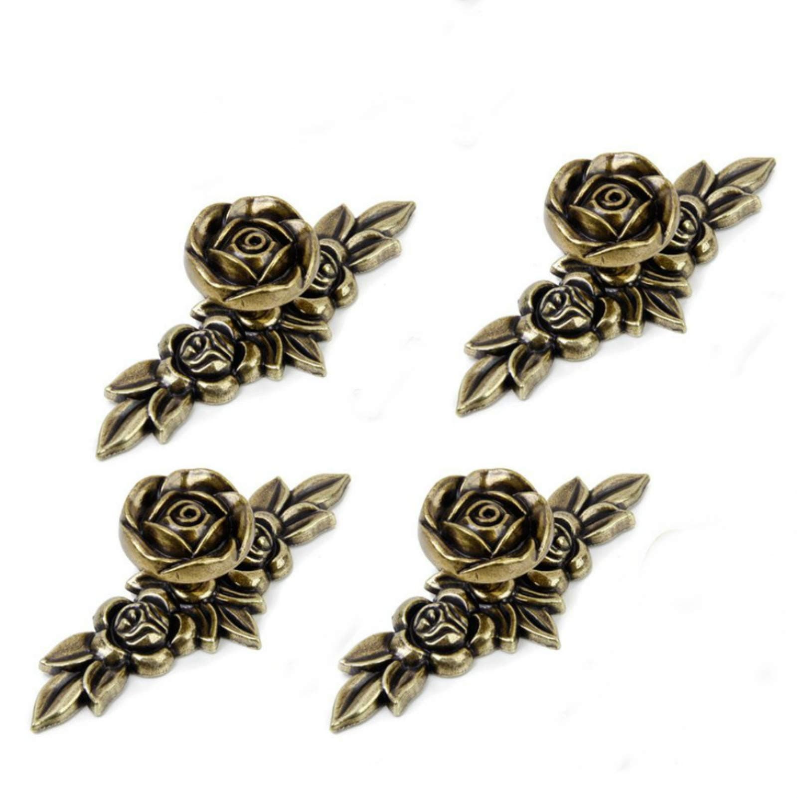Antique Euro Rose Cabinet Knobs with Backplate, Shabby Chic Kitchen Zinc Alloy Flower Drawer Pull Handles for Dresser Vanity Nightstand Cupboard Wardrobe, 4 Pack (Bronze)