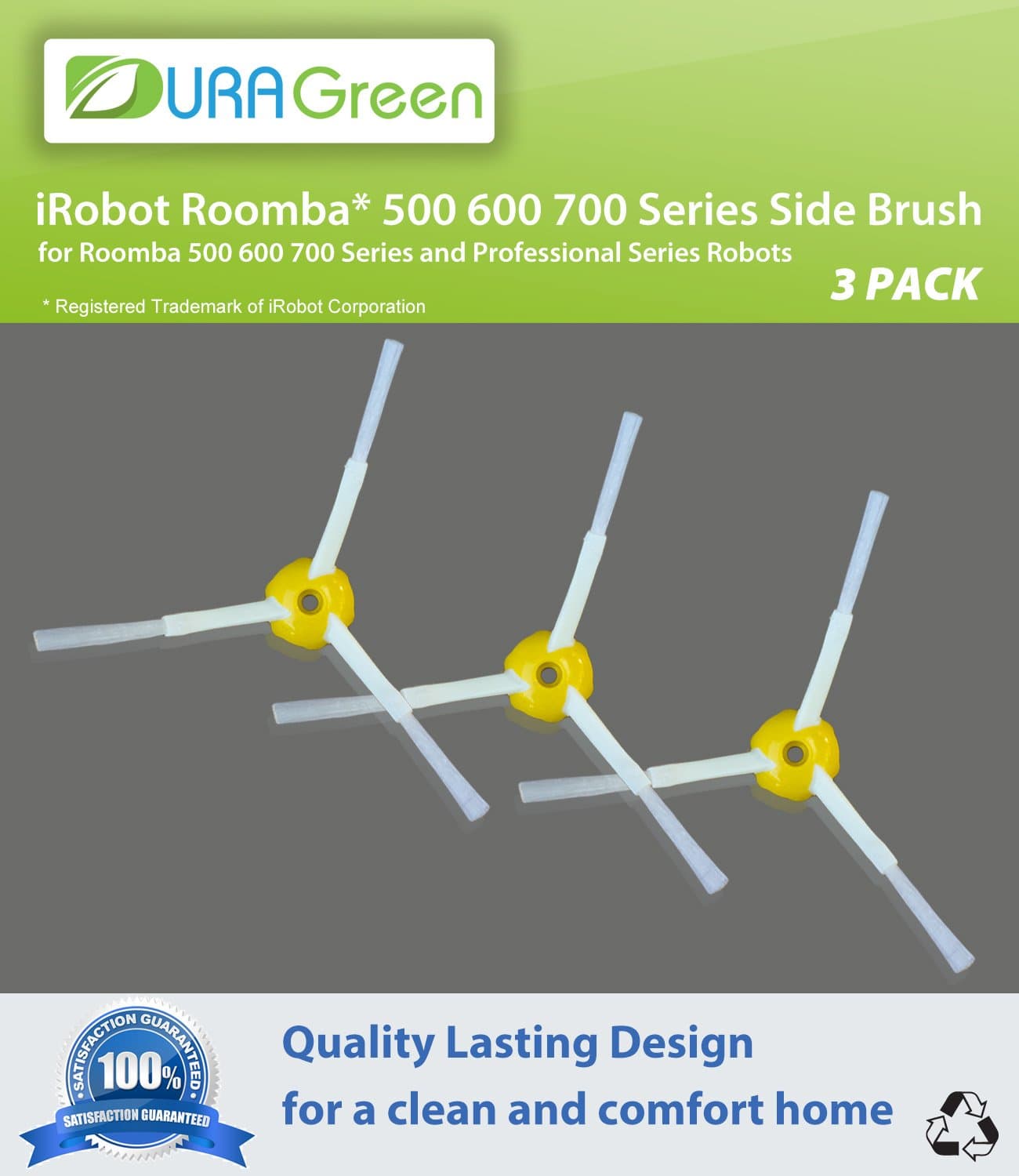 DuraGreen Replacement Side Brush for iRobot Roomba 500 and 700 Series, 3-Pack