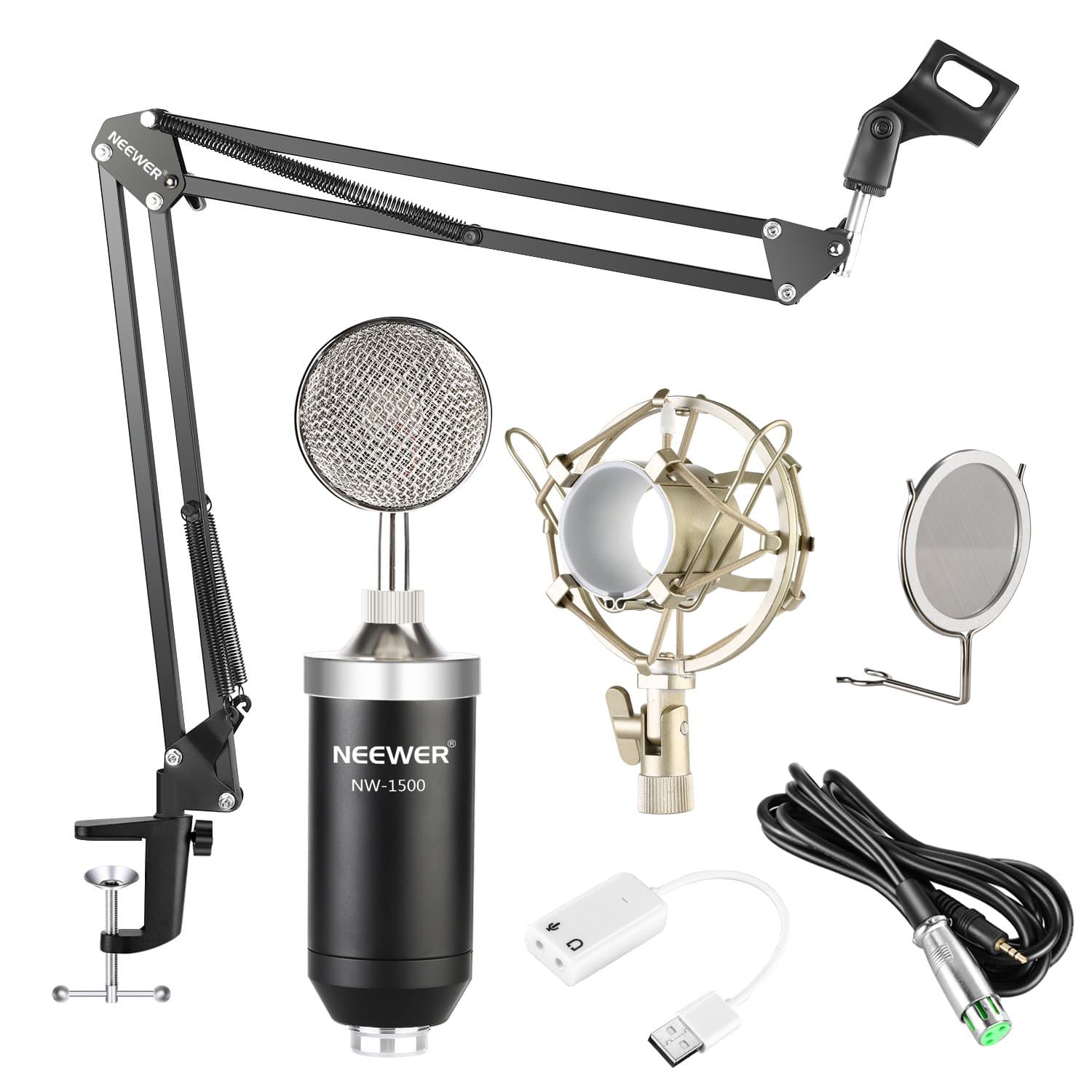 Neewer NW-1500 Professional Studio Condenser Microphone Kit with USB Sound Card, Shock Mount, Mic Suspension Scissor Arm Stand, Pop Filter for Computer Recording Broadcast YouTube(Black and Silver)