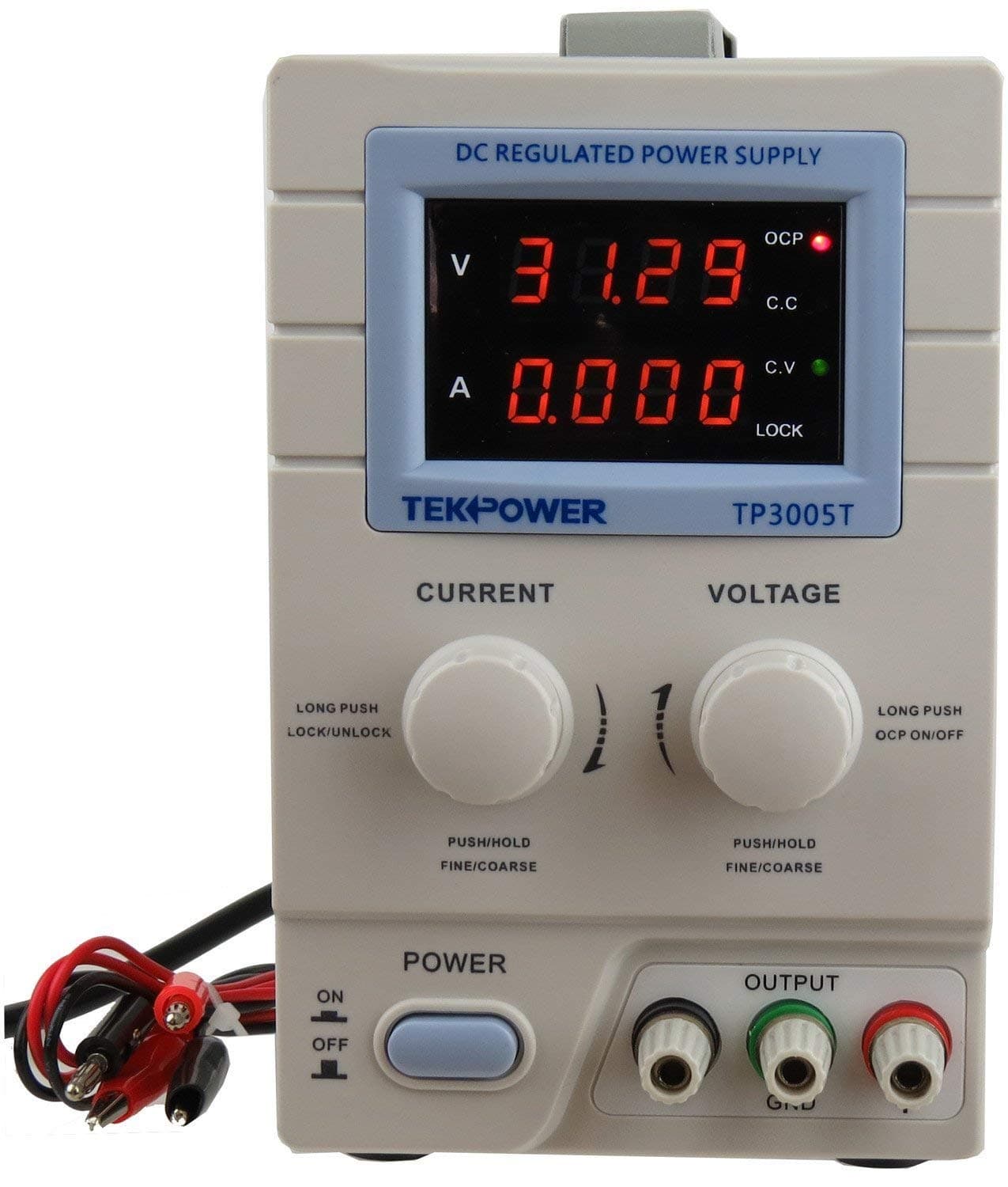 Tekpower TP3005T Variable Linear DC Power Supply, 0-30V @ 0-5A with Alligator Test Leads