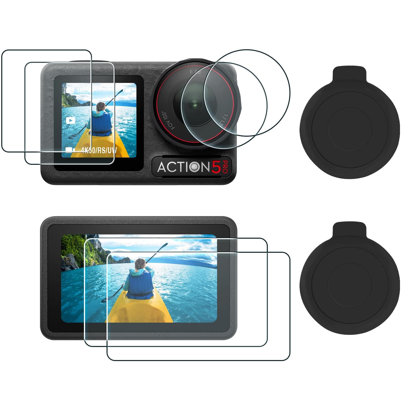AMAZEAR Lens Screen Protector for DJI Osmo Action 5 Pro Accessories (2Sets-8Pack), Action5 Pro Tempered Glass Screen Protector with Silicone Lens Cap, 9H, HD, Scratch Resistant, Bubble-Free