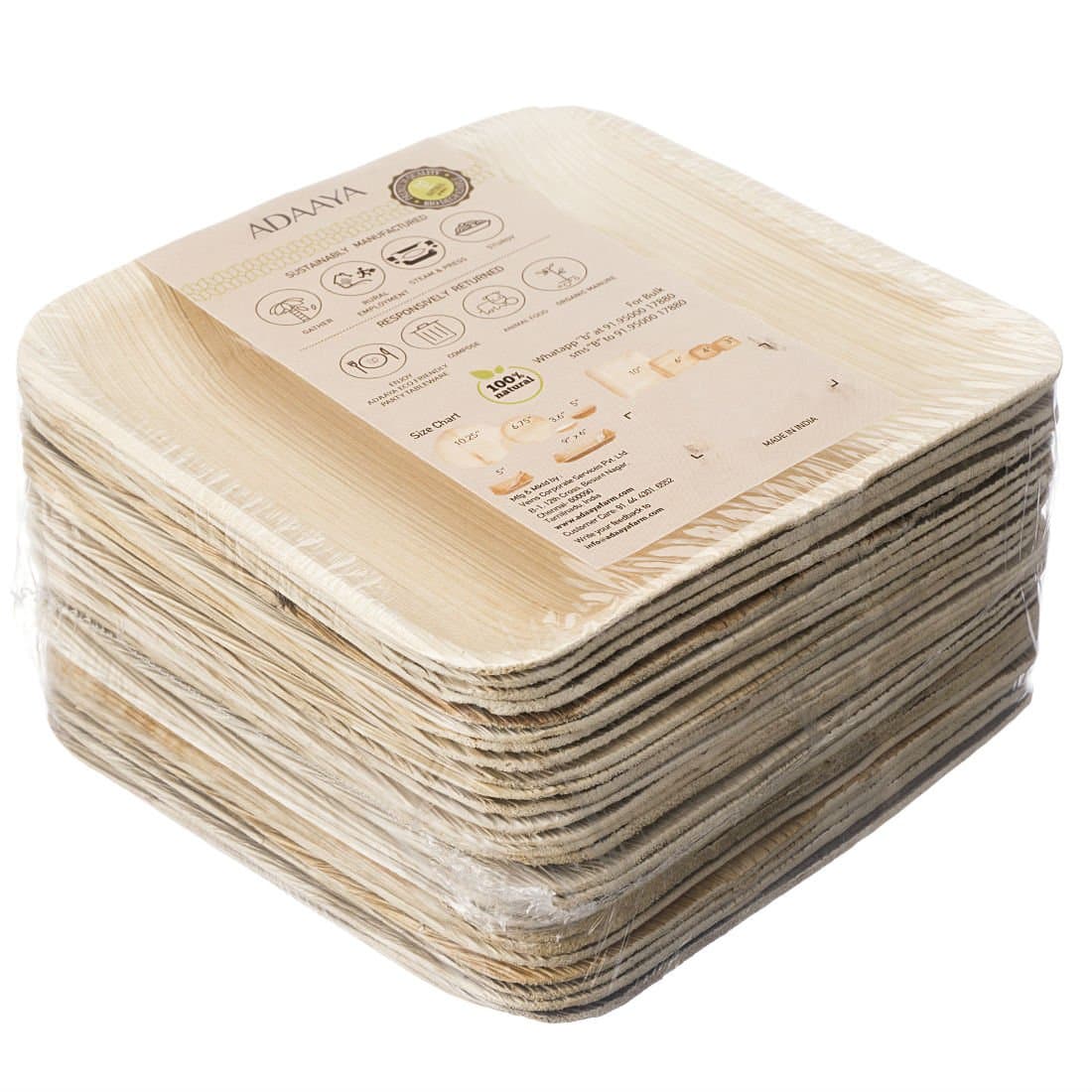 Natural Palm Leaf Square Quarter Plates (6 inches, multicolour) - Pack of 25