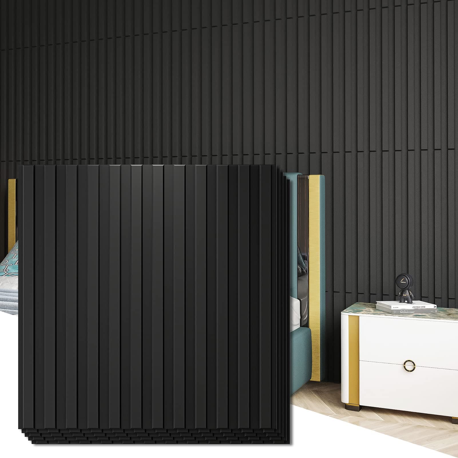Slat Wall Panel, 3D Fluted Textured Panel 12-Tile 19.7 x 19.7in. - Cover 32 Sq.Ft., Black