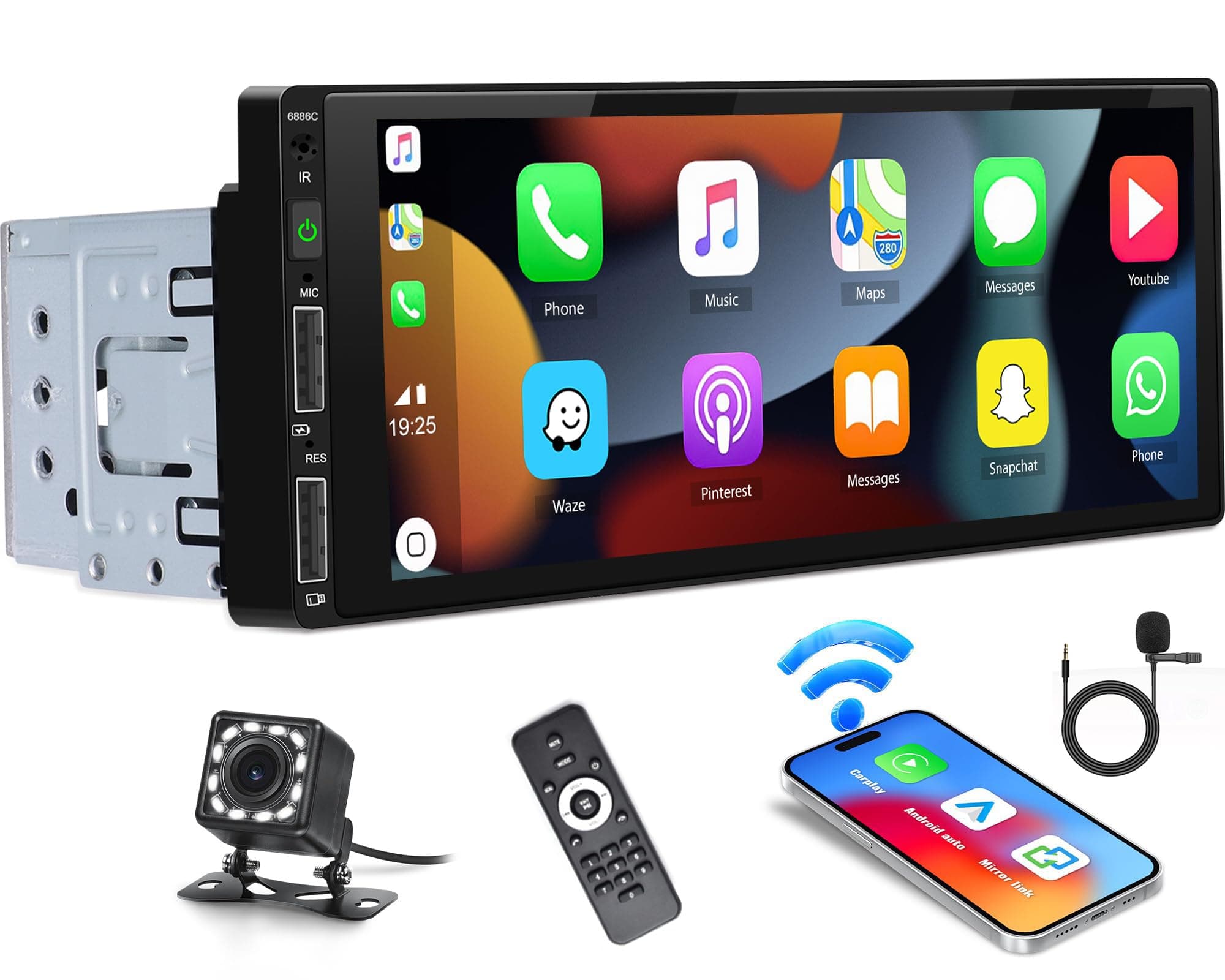 Single Din Touchscreen Car Stereo with Wireless Apple CarPlay Android Auto Bluetooth 6.86 Inch HD Mirror Link Car MP5 Player FM Radio Dual USB Fast Charge Media Player + Backup Camera