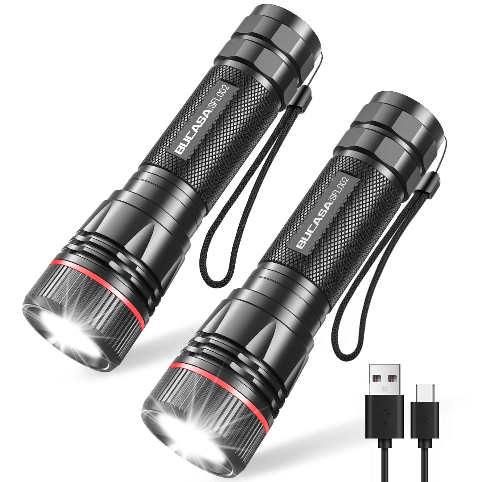 Torches LED Super Bright 2000 Lumens, 2 Pack Rechargeable Torch with 3 Modes, Zoomable, Waterproof Small LED Torch Battery Powered for Dog Walking, Emergency, Camping, Gift(Batteries Included)