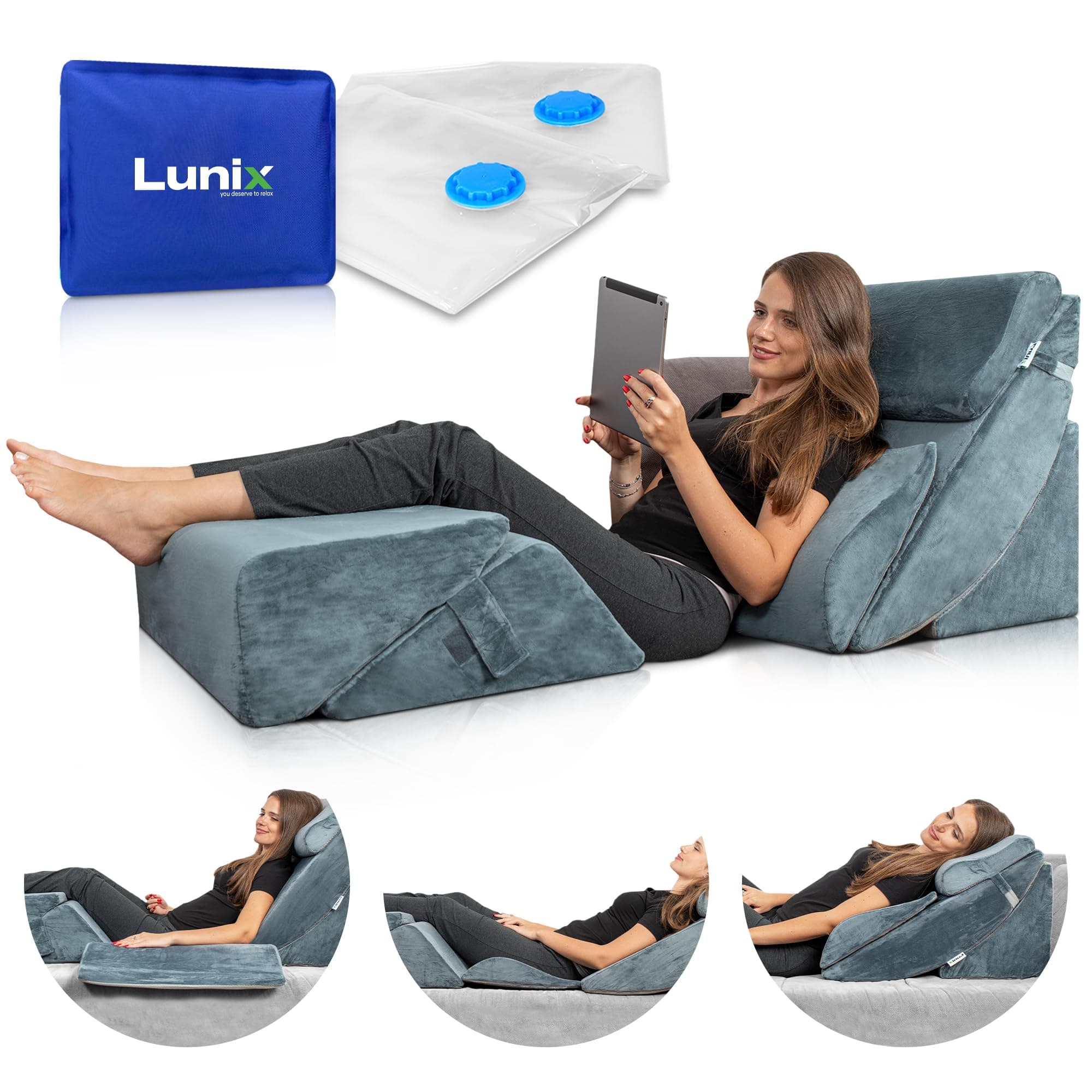 Lunix LX13 6-Piece Post-Surgery Recovery System, Orthopedic Bed Wedge Pillow Set for Tummy Tuck & Back Comfort - Zero-Gravity Memory Foam, Stone Navy