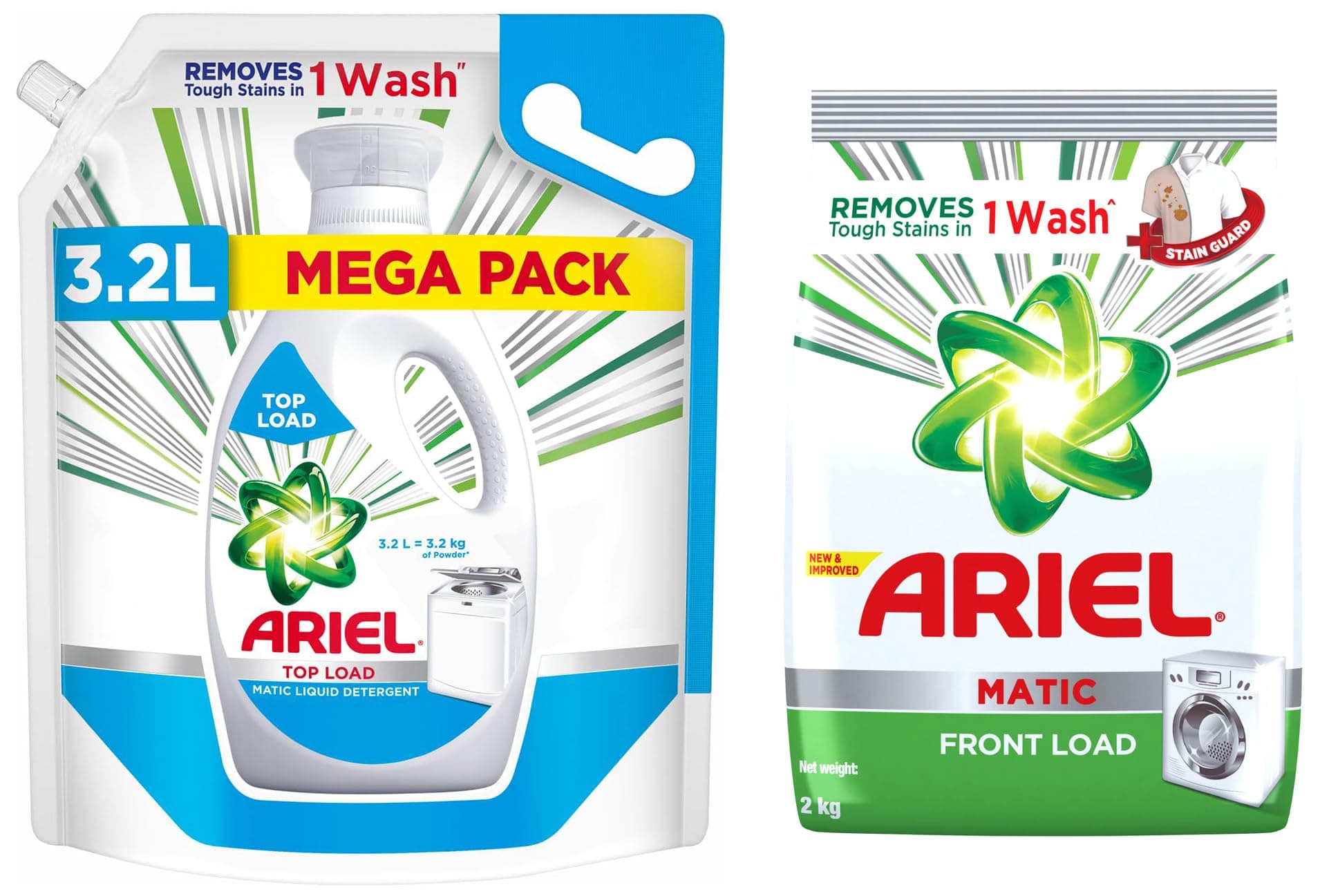 Ariel Top Load Matic Liquid Detergent 3.2 Ltr & Ariel Matic Front Load Detergent Washing Powder - 2 kg