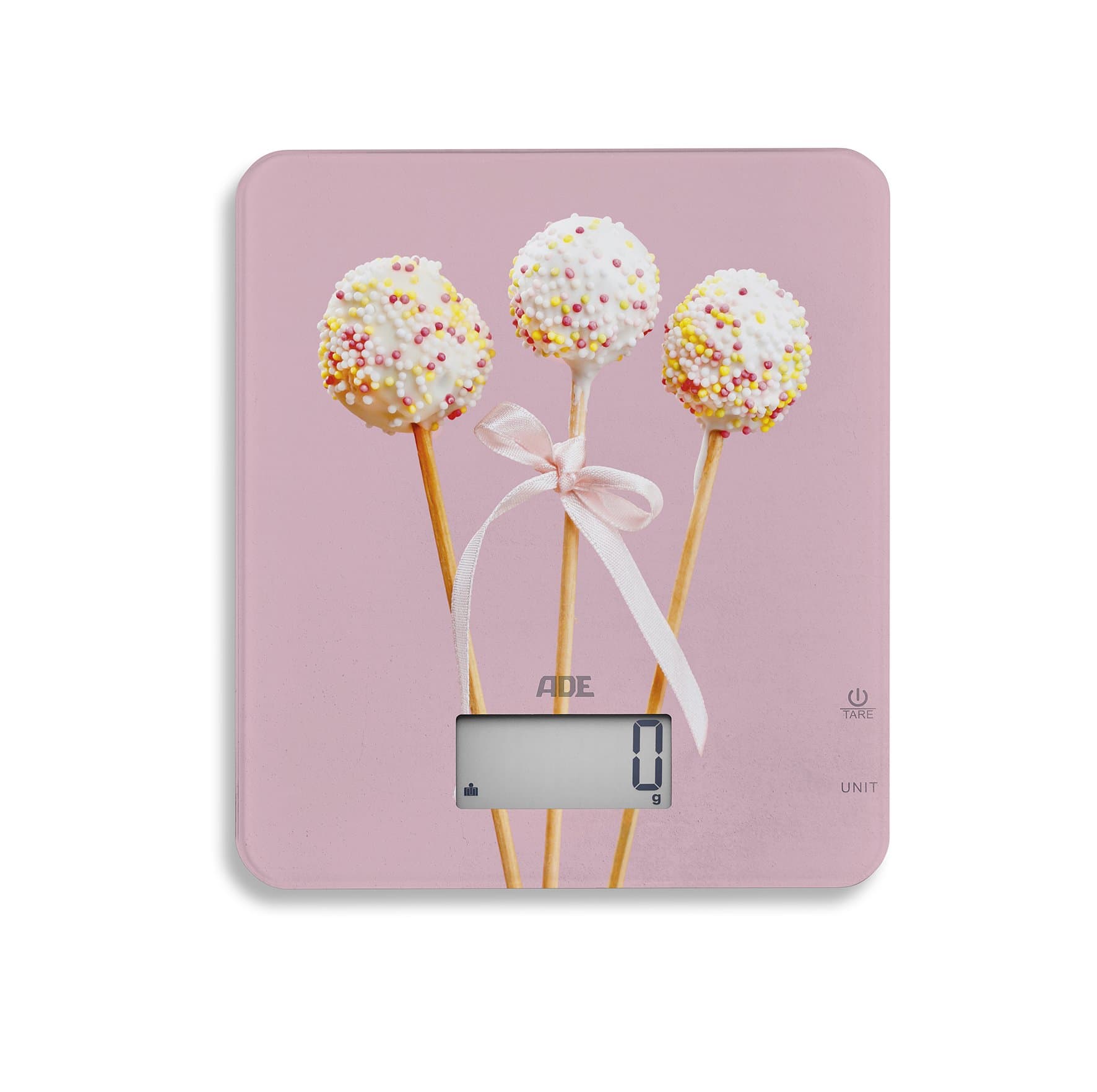 ADE KE1719 Britney Digital kitchen scale. Elegant design with cakepops. Precise measurements up to 5kg. Safety glass surface. Easy to store: only 1.8cm. Batteries incl.