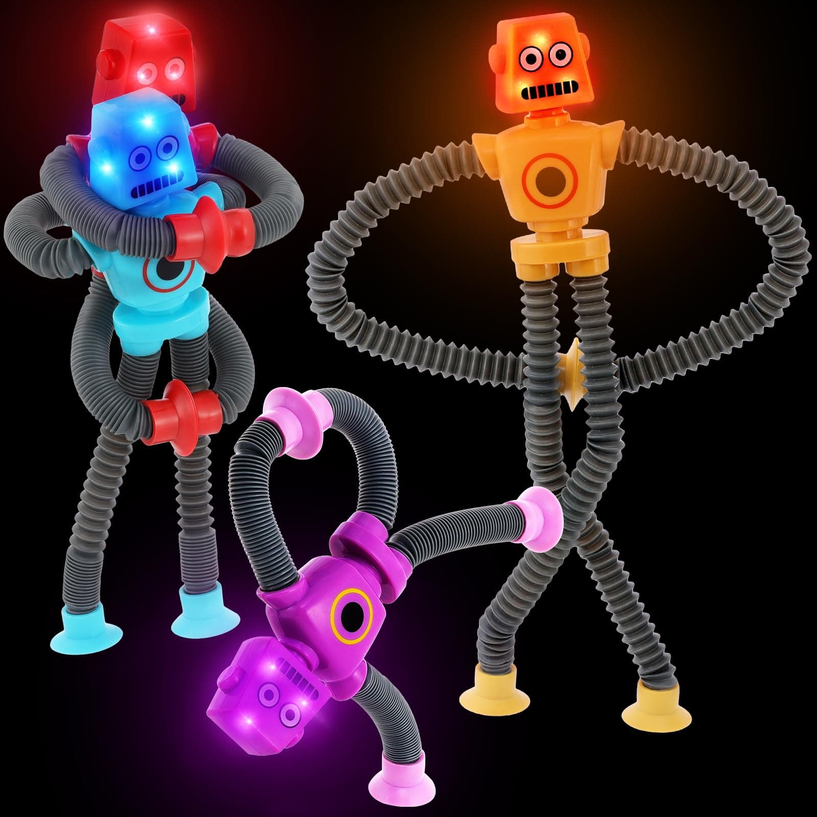 Pop Tubes LED Robot 4 Pcs Light Up Fidget Tubes Sensory Toys Robot Telescopic Suction Cup, Toddler Autism Stress Relief Toys Stocking Stuffers Halloween Party Favors Travel Toys for Kid