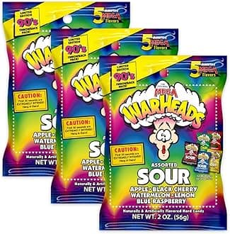 WARHEADS - Extreme Sour Hard Candy - Assorted Flavors - Sour Apple, Black Cherry, Blue Raspberry, Lemon & Watermelon Flavors - 2 oz. Bags - 3 Pack