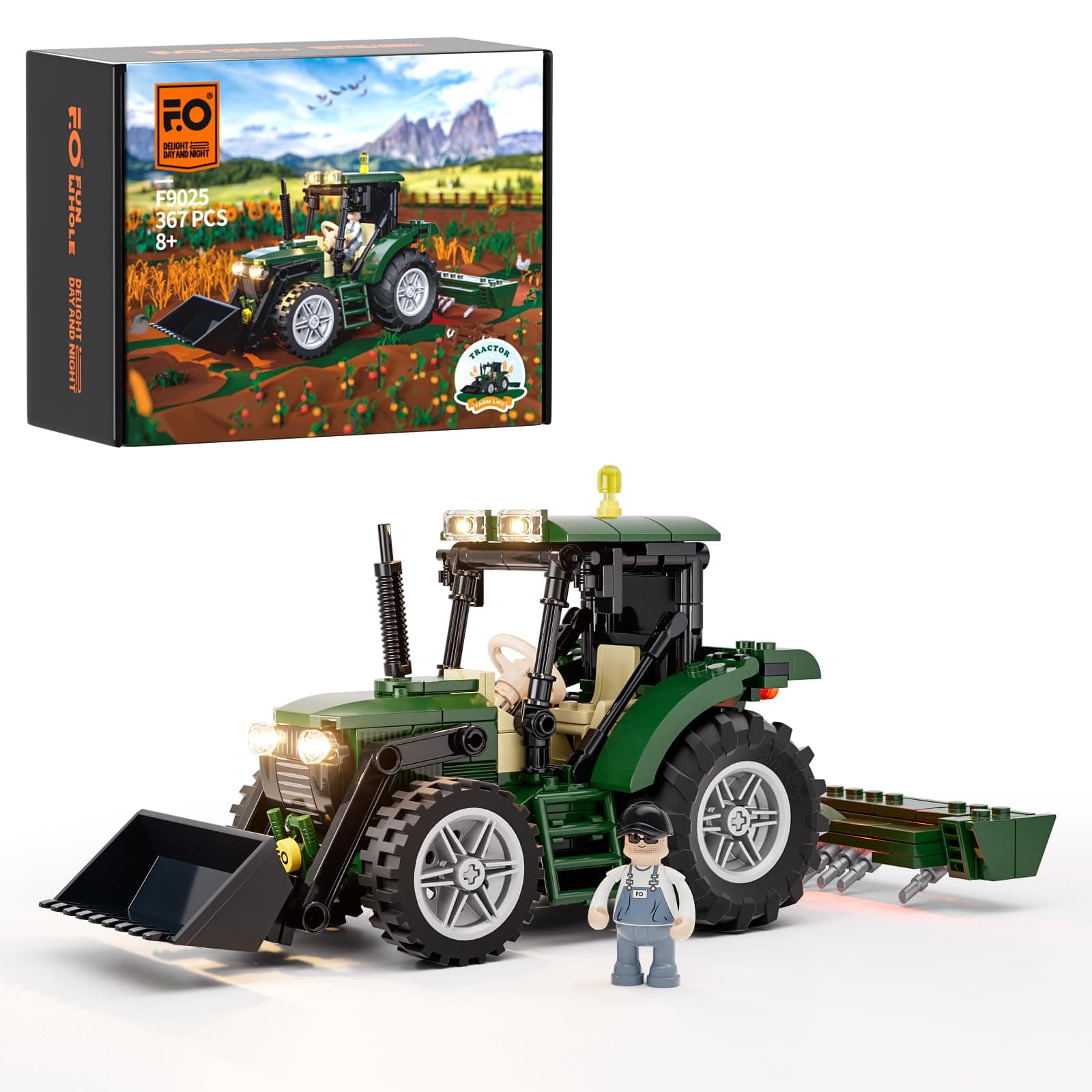 FUNWHOLE Farm Tractor Lighting Building-Bricks Set - Retro Tractor Model with Minifigure LED Light Building Set 367 Pcs for Adults and Teen