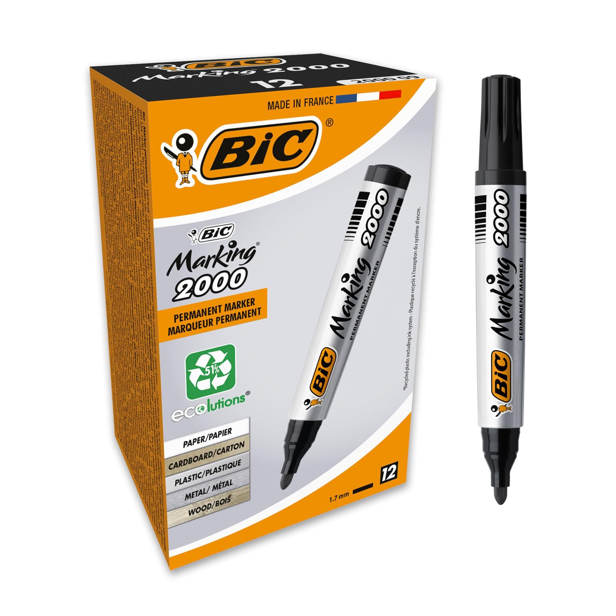 Marking 2000 ECOlutions, Multi-Surface Black Permanent Markers, Ideal for School, Bullet Tip and Quick Drying Ink, Pack of 12