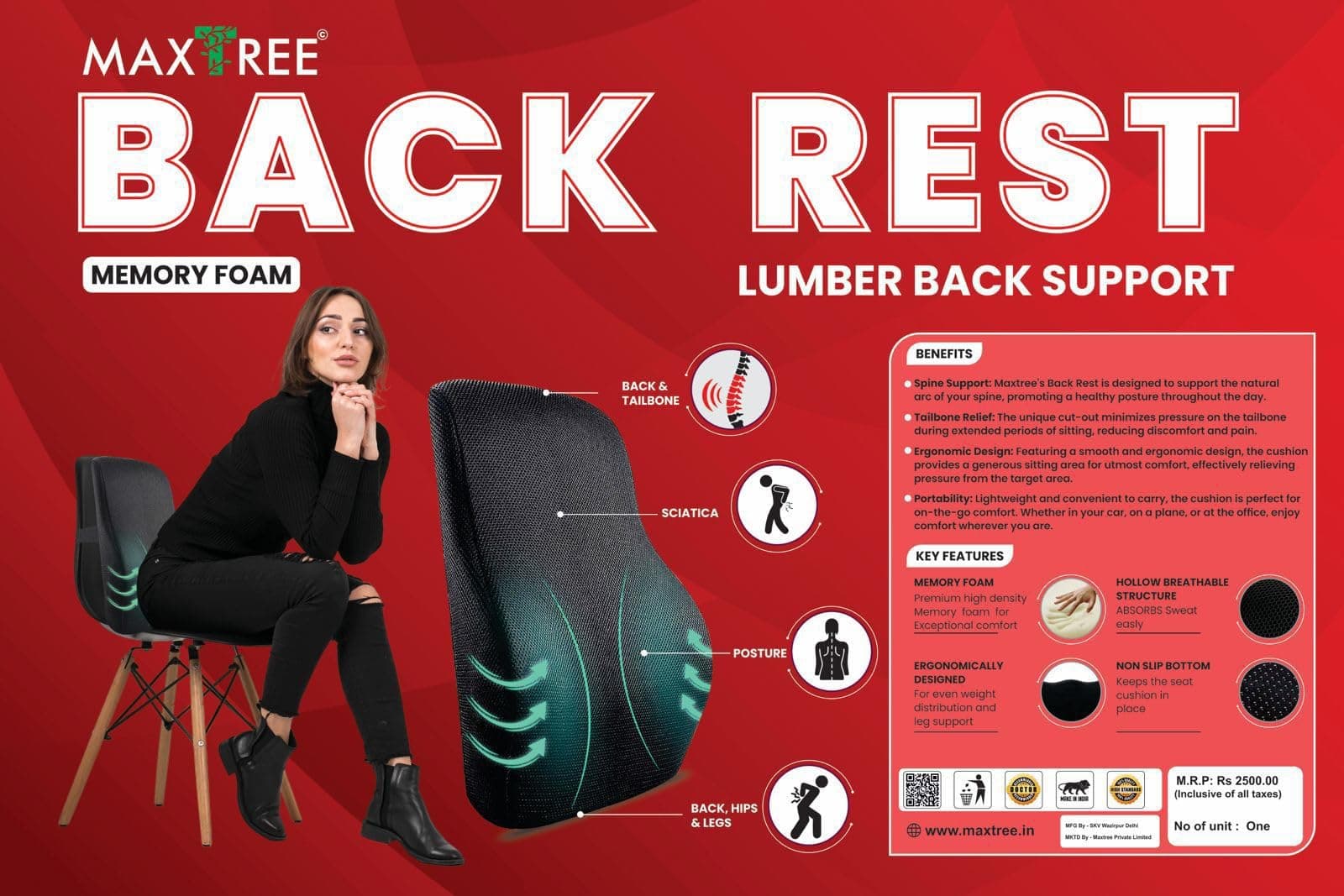 MAXTREEBack Support for Chair, Memory Foam Car Seat Back Support, Orthopedic Lumbar Support Back Rest for Back Pain Relief - Back Pillow for Sitting (Mesh Black, Large)