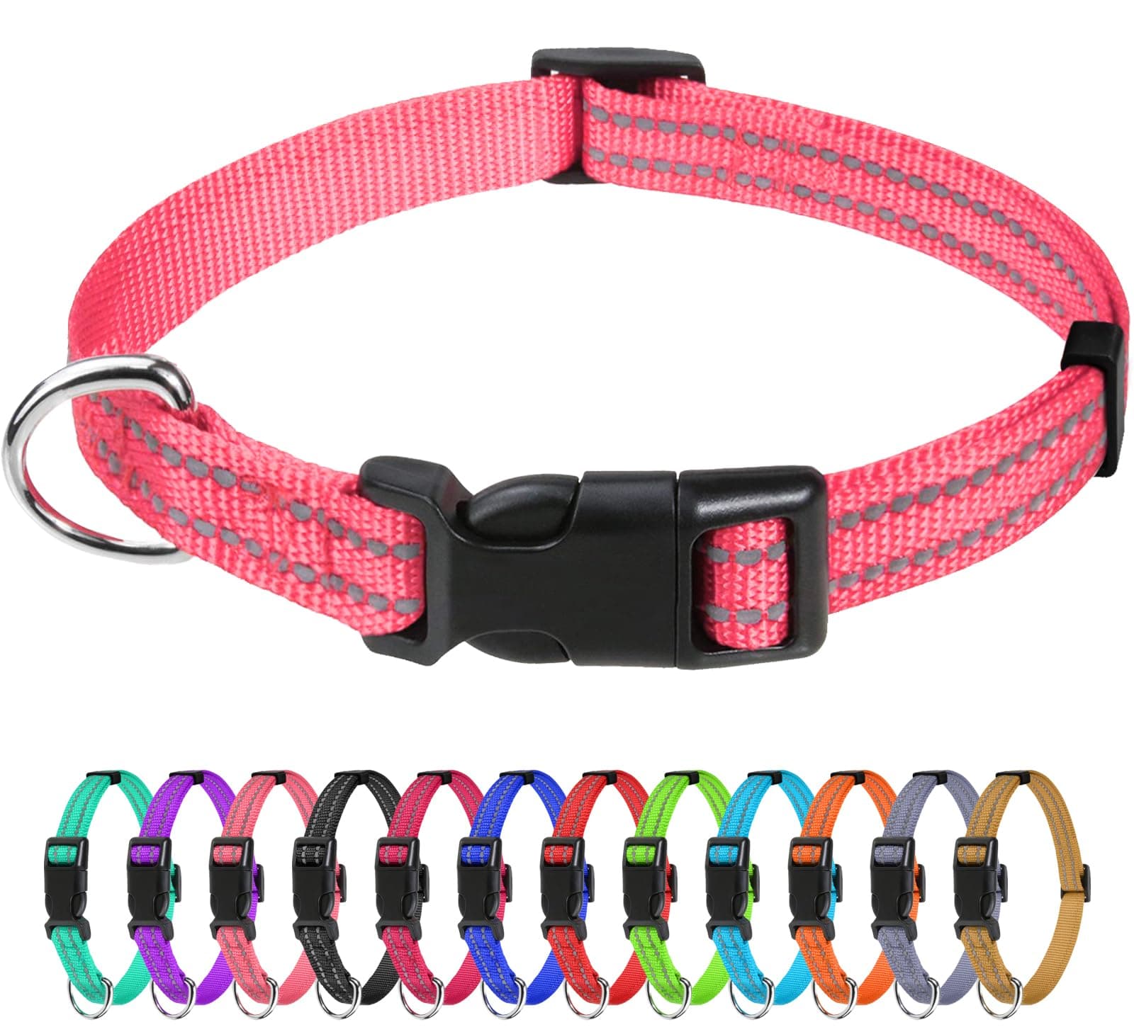 Reflective Nylon Dog Collars, Adjustable Classic Pet Collar with Quick Release Buckle for Puppy, Baby Pink, 3/8" Width