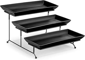 MALACASA 3 Tier Serving Tray, Porcelain Tiered Tray Stand, 14 Inch Ceramic Serving Platter with Collapsible Sturdier Rack, Dessert Black, Series PLAT