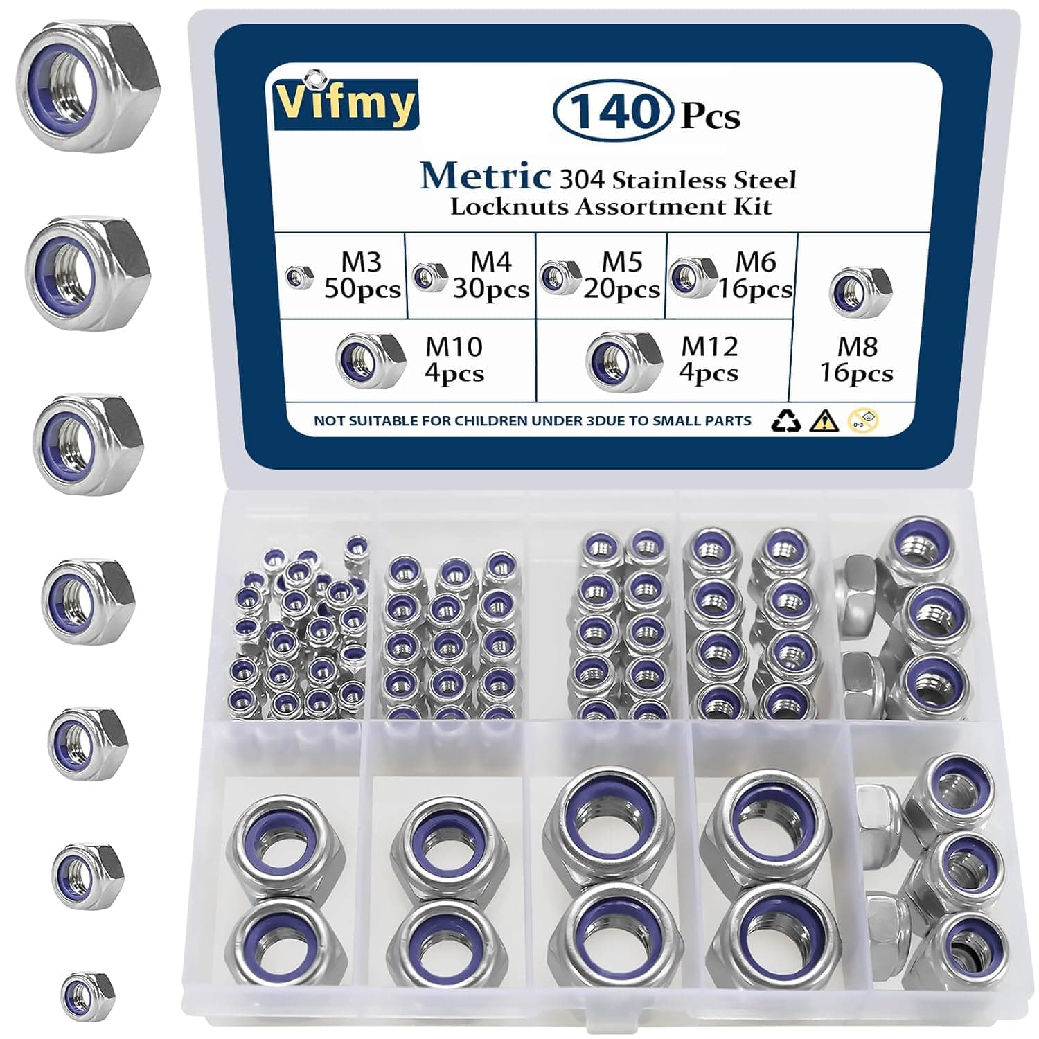Locknuts Assortment Kit,M3 M4 M5 M6 M8 M10 M12 140PCS Metric Nylon Insert Lock Nuts Set,304 Stainless Steel Lock Nuts for Bolt