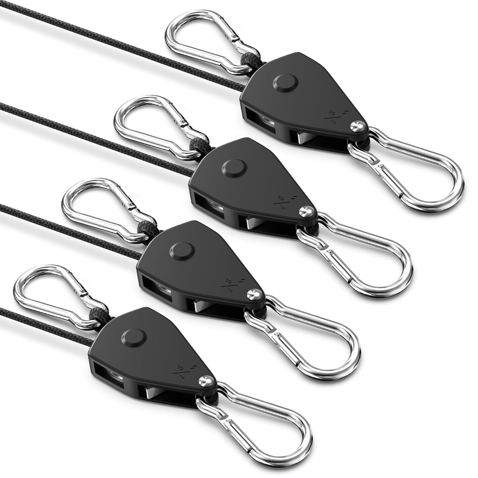 VIPARSPECTRA Retractable Heavy Duty Ratchet Tie Down Straps [4 Pack, 8ft, 75lbs/Pack], Rope Pulley System Rollers with Carabiner Hook for Kayak/Hanging Plants/Grow Light/Tents Various Tie-Down Uses