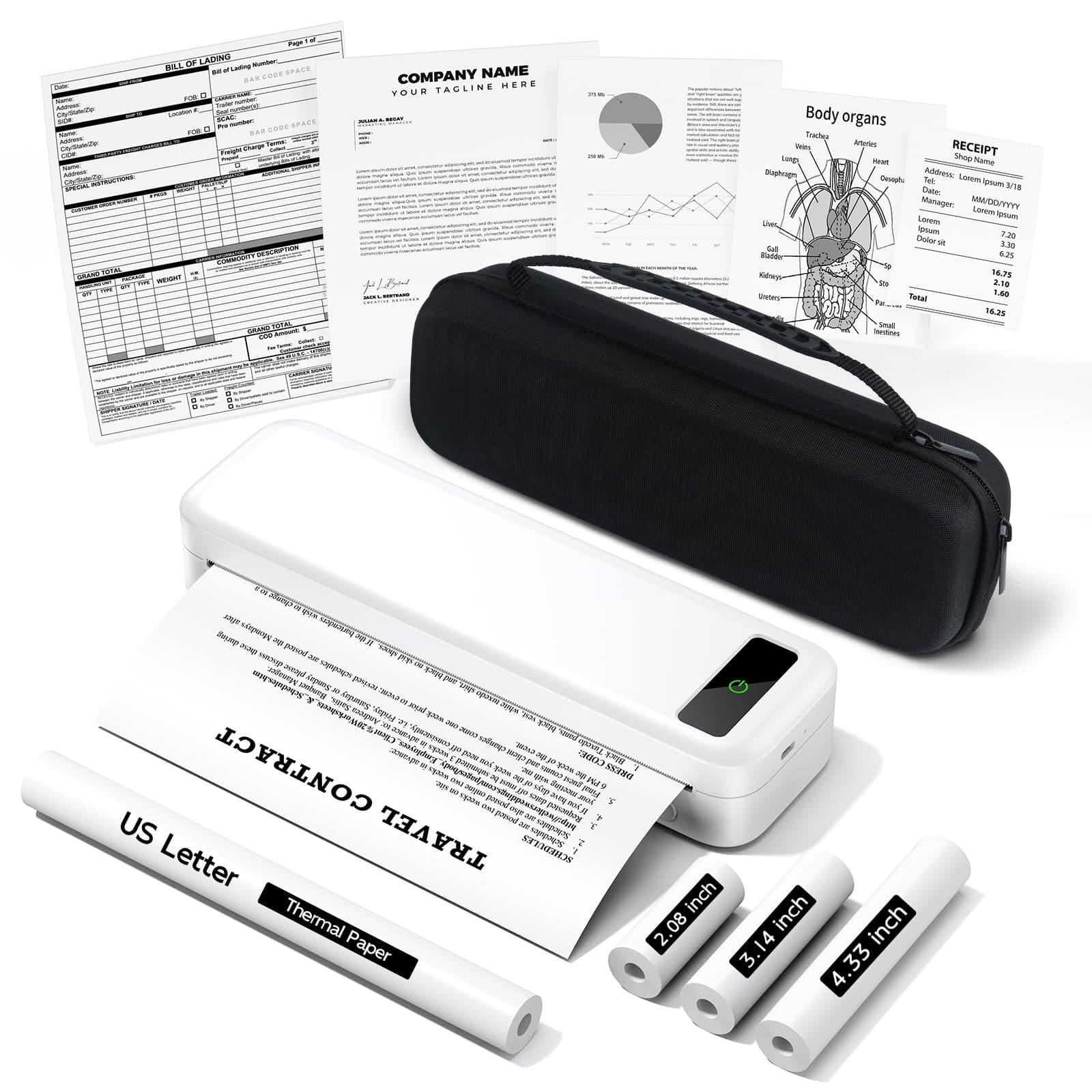 Portable Printers Wireless for Travel, A285M Bluetooth Inkless Thermal Printer, Support 8.5" X 11" US Letter & A4, Small Mobile Printer with Carry Case and 4 Rolls Thermal Paper, for Home Car Receipt