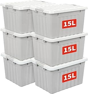 Cetomo 15L*6 Plastic Storage Box,Gray, Tote box, Organizing Container with Durable Lid and Secure Latching Buckles, Stackable and Nestable, 6Pack, with Buckle
