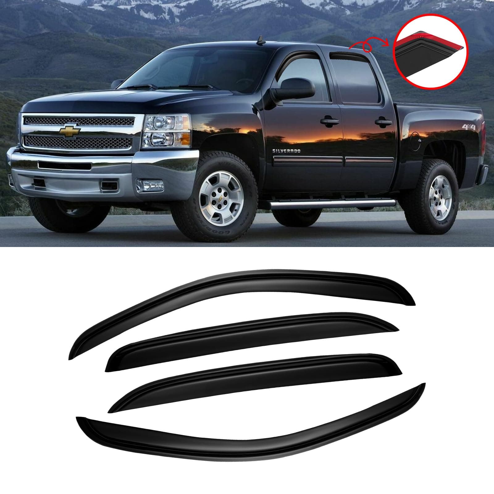 Window Visor for 2007-2013 Chevy Silverado 1500/ GMC Sierra 1500/ Avalanche/Suburban Crew Cab, Rain Guards Vent Deflector Shade Dark Smoke 07-14 Silverado/Sierra 2500 3500HD/ 07-14 Yukon XL, Tape-On