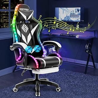 Gaming Chair Massage with Bluetooth Speakers and Led Lights Ergonomic Computer Gaming Chair with Footrest RGB Video Game Chair with High Back Lumbar Support White and Black